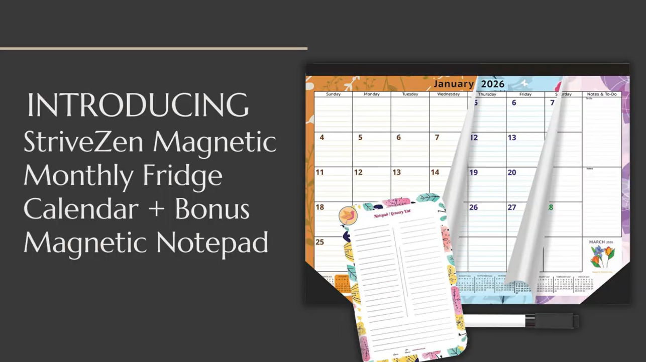 thumbnail video image 2 of StriveZen Magnetic Refrigerator Calendar Set, 24-Month Planner 2026-2027, Monthly Paper Pad with Dry Erase Notepad & Marker, 16x12 in, 2 of 10