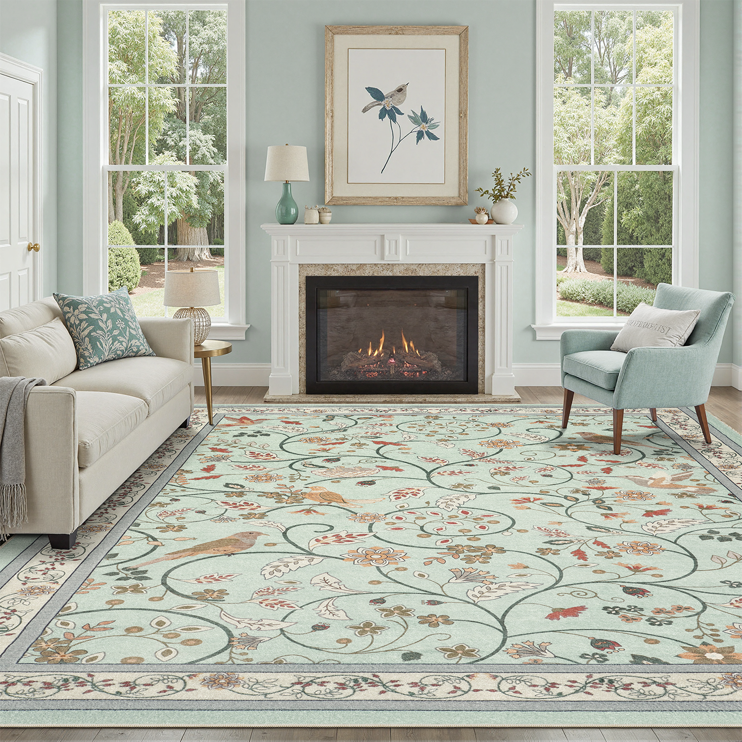 thumbnail video image 2 of Vintage Floral Area Rug 9x12, Machine Washable Botanical Bird Rug Non Slip Soft Low Pile Large Carpet for Living Room, Bedroom, Home Office-Mint Green, 2 of 10