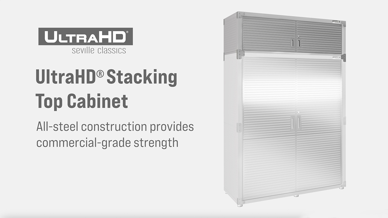thumbnail video image 2 of Seville Classics UltraHD® Stacking Top Steel Body Lockable Storage Cabinet Organizer Shelving Unit, 60" W x 24" D x 18.5" H, Graphite, 2 of 5