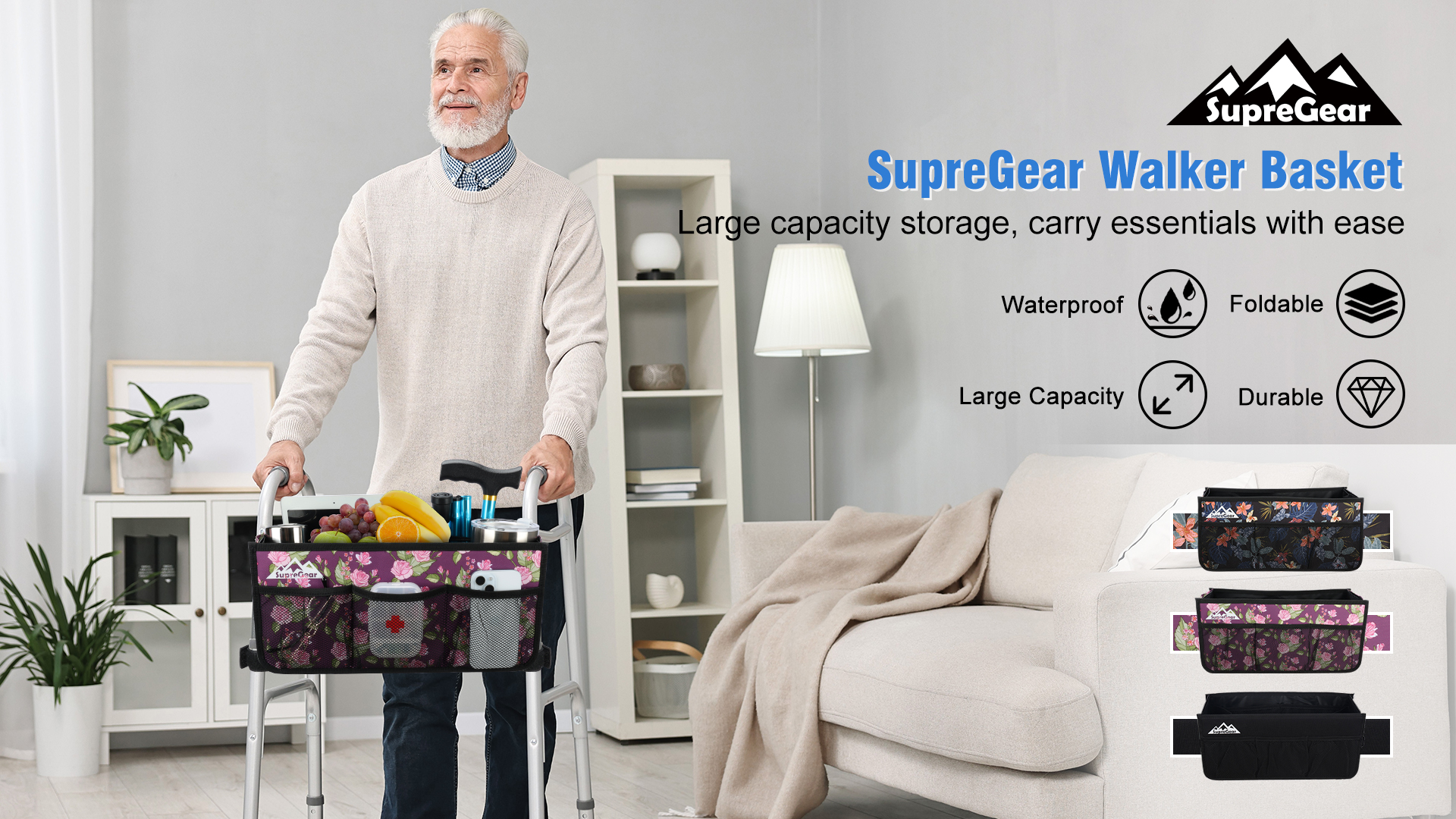 thumbnail video image 2 of SupreGear Foldable Walker Basket Storage Bag with Large Pouch and Cup Holder, Black, 2 of 9