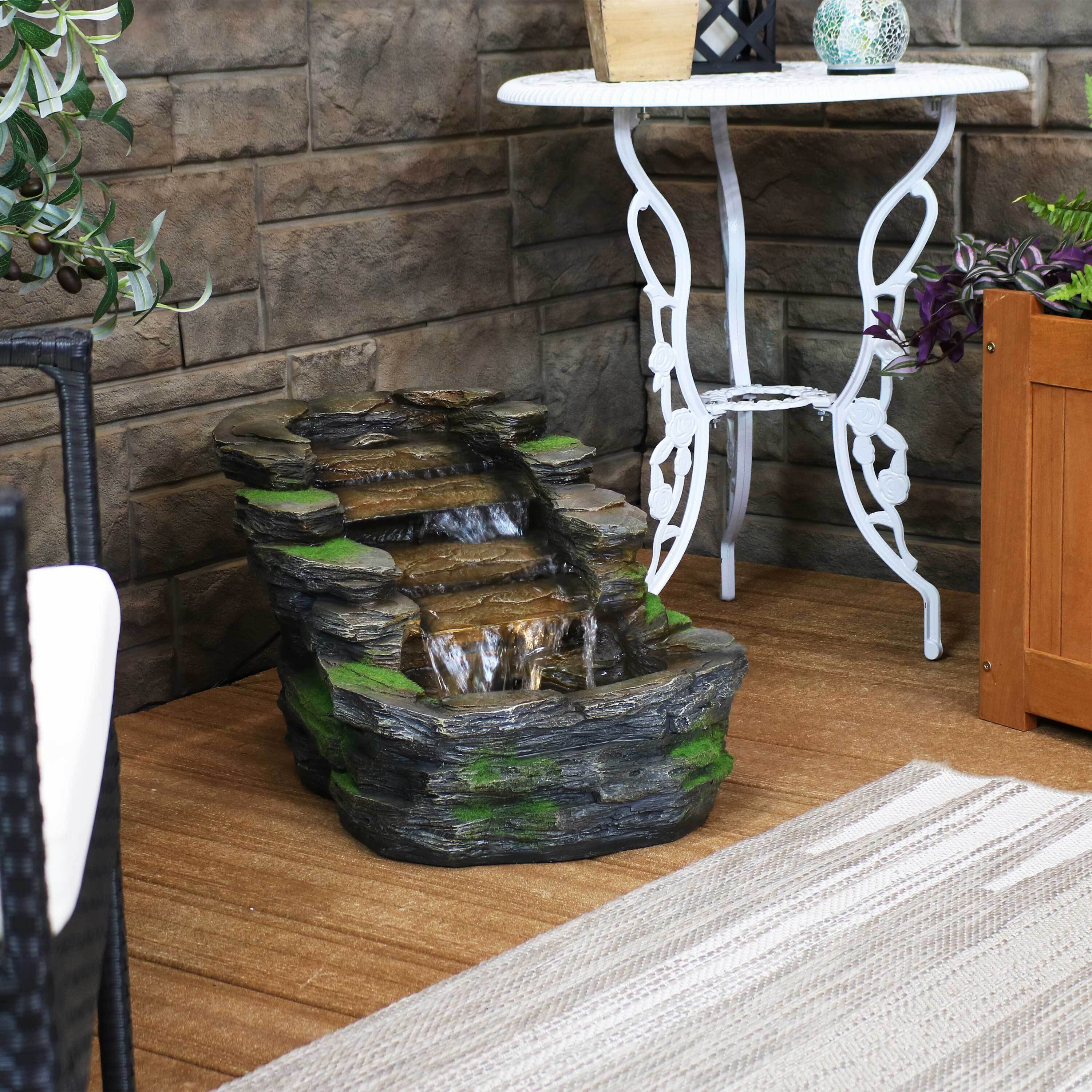 thumbnail video image 2 of Sunnydaze Shale Falls Polyresin Outdoor Water Fountain with Lights, 2 of 16