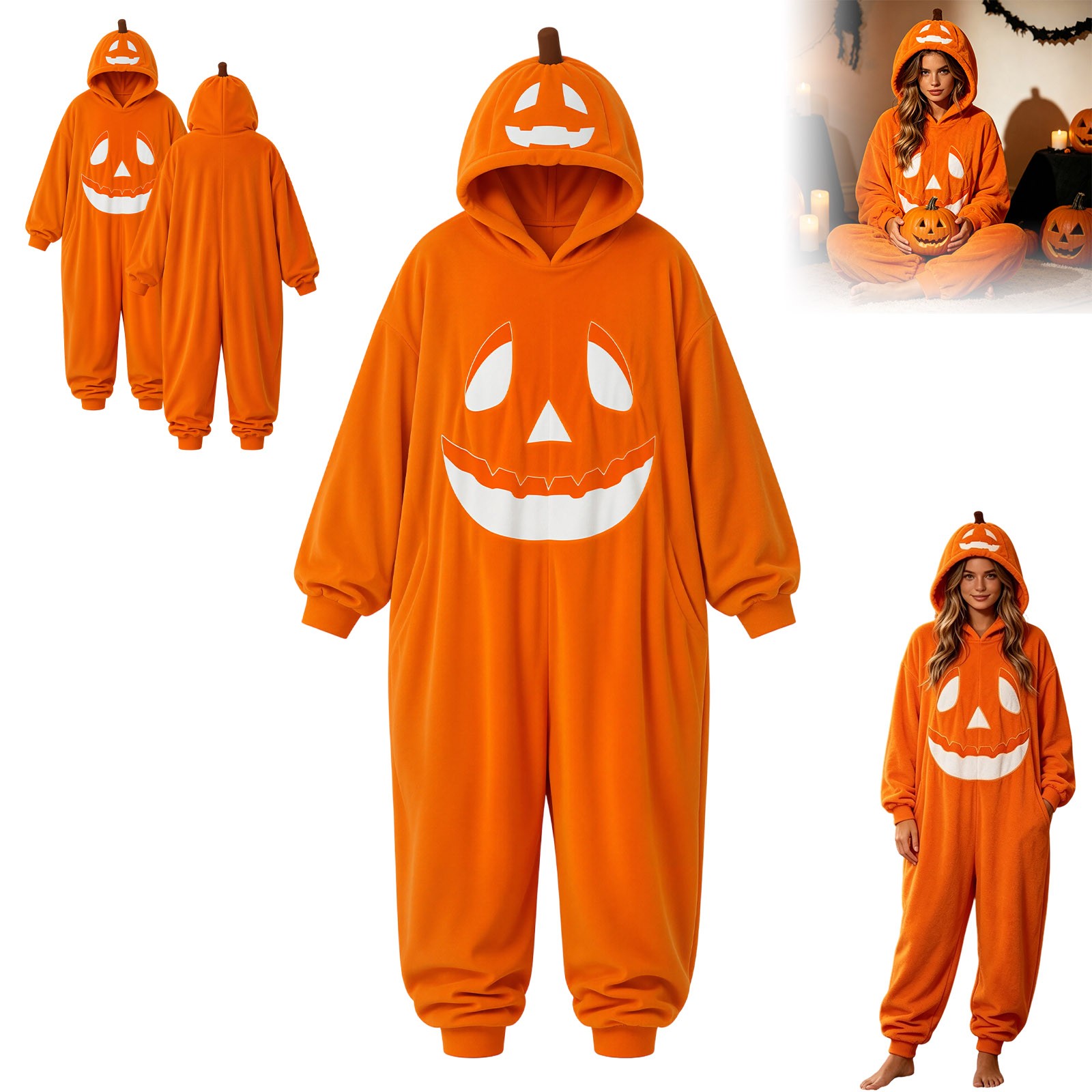 thumbnail video image 2 of GPOECD Halloween Matching Pajama Set Pumpkin Hooded Long Sleeve Full-Length One-Piece Pajama with Cute Holiday Style Pink Jumpsuit Pink,L, 2 of 8