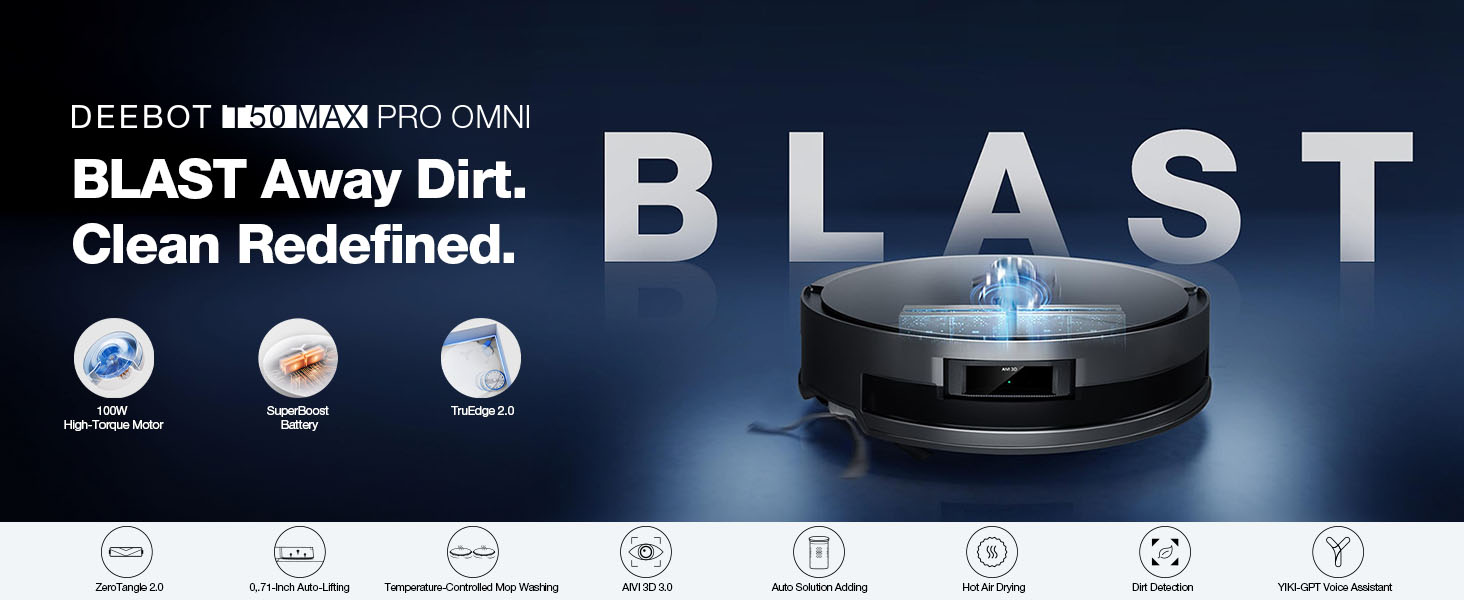 thumbnail video image 2 of ECOVACS DEEBOT T50 MAX PRO Omni Robot Vacuum and Mop, 18,500Pa Suction, BLAST Airflow Tech, 18mm Auto-Lift, 2 of 11