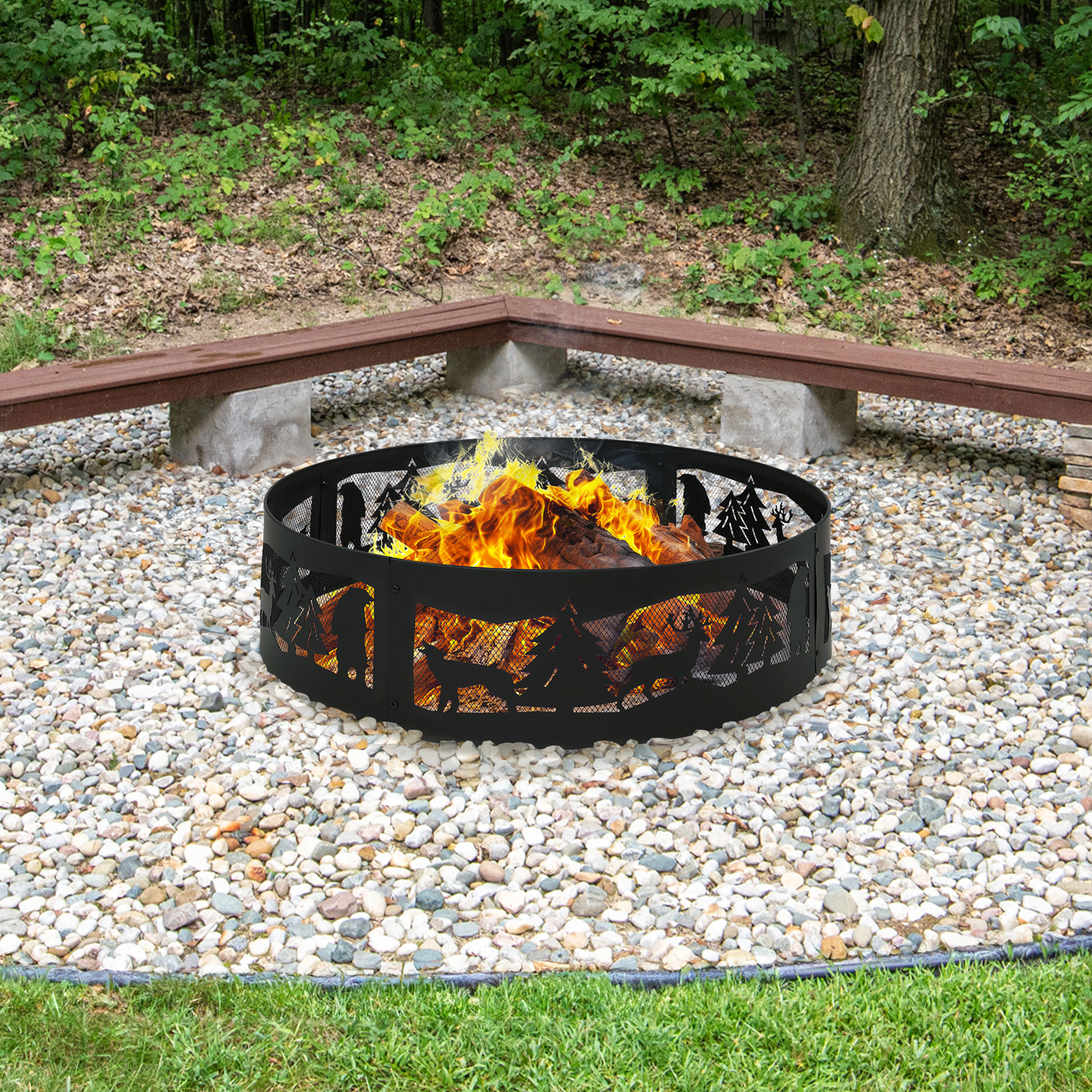 thumbnail video image 2 of Sunnydaze Forest Wilderness 36" Round Steel Fire Pit Ring, 2 of 11