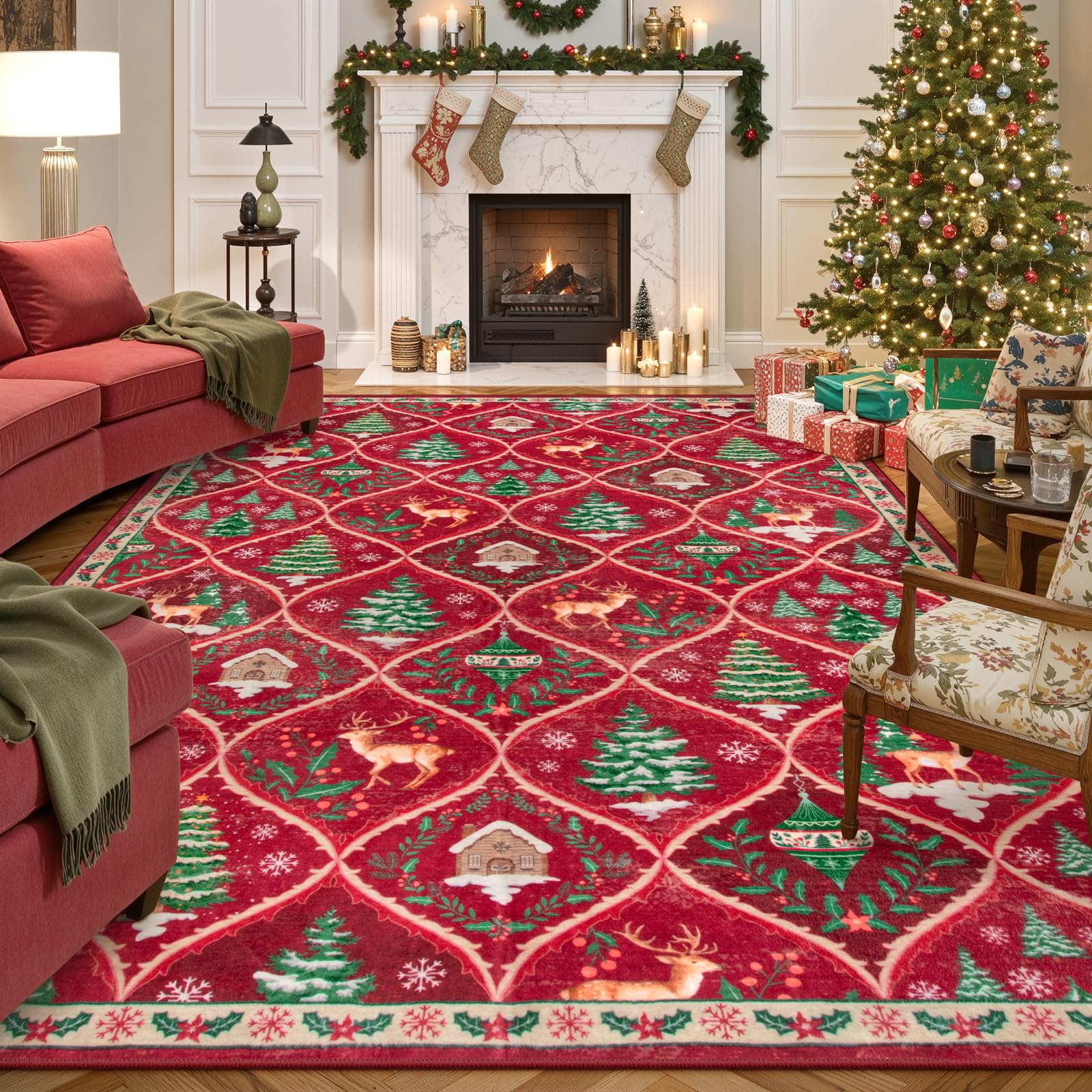 thumbnail video image 2 of SULUOTE 5' x 7'  Christmas Living Room Area Rug, Bedroom Aesthetic Large Washable Carpet, Soft Xmas Tree Stain Resistance Dining Room Carpets, 2 of 7