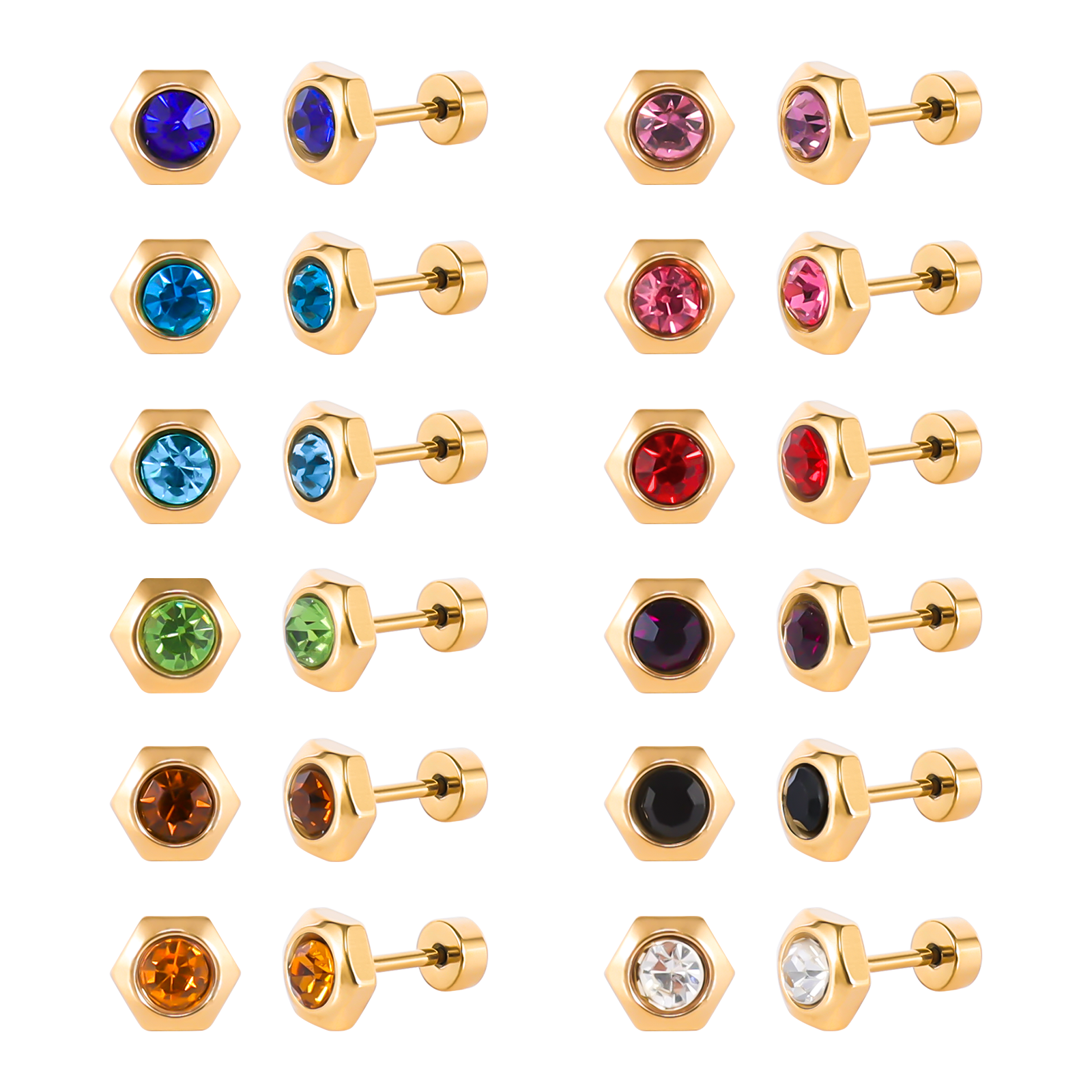 thumbnail video image 2 of 12 Pairs Surgical Stainless Steel Flat Back Birthstone Cubic Zirconia Stud Earrings, Gold Plated Screw Back Round Star Heart Flower Hexagon Triangle CZ Stud Earrings Set, 2 of 8