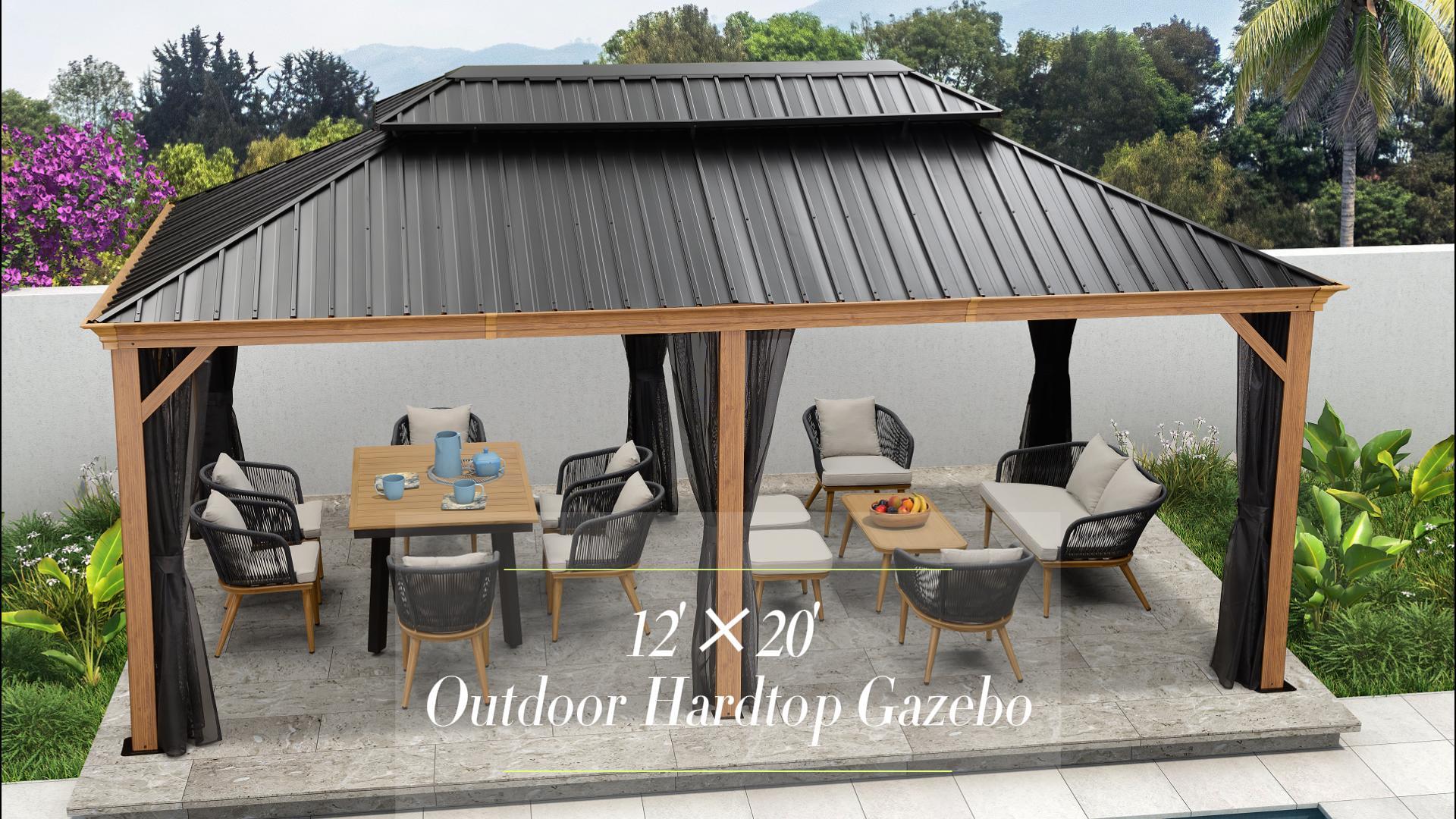thumbnail video image 2 of PURPLE LEAF 12 x 20 ft. Wood Gazebo,Upgrade Outdoor Hardtop Gazebo with Galvanized Steel Double Roof for Patio with Netting, 2 of 17