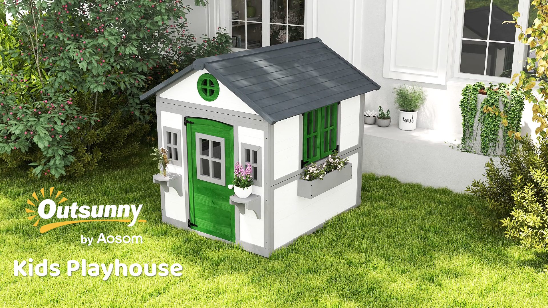 thumbnail video image 2 of Outsunny Playhouse for Kids Outdoor, Wooden Playhouse with Doors, Windows, Planter Pots and Boxes for Toddlers 3-8 Years, Backyard, Indoor, White, 2 of 9