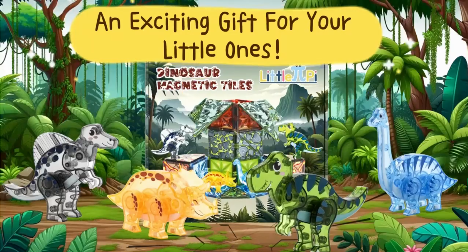 thumbnail video image 2 of Little Pi Dinosaur Building Magnetic  Tiles for Kids Ages 3-8 – STEM, 50 Pcs, 2 of 8