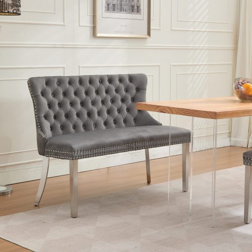 thumbnail video image 2 of HUTWIFE Velvet Upholstered DiningBench 45.6" with Tufted Back and Nailhead Trim, suitable for Dining Room, Entryway, Kitchen, Blue/Silver, 2 of 7