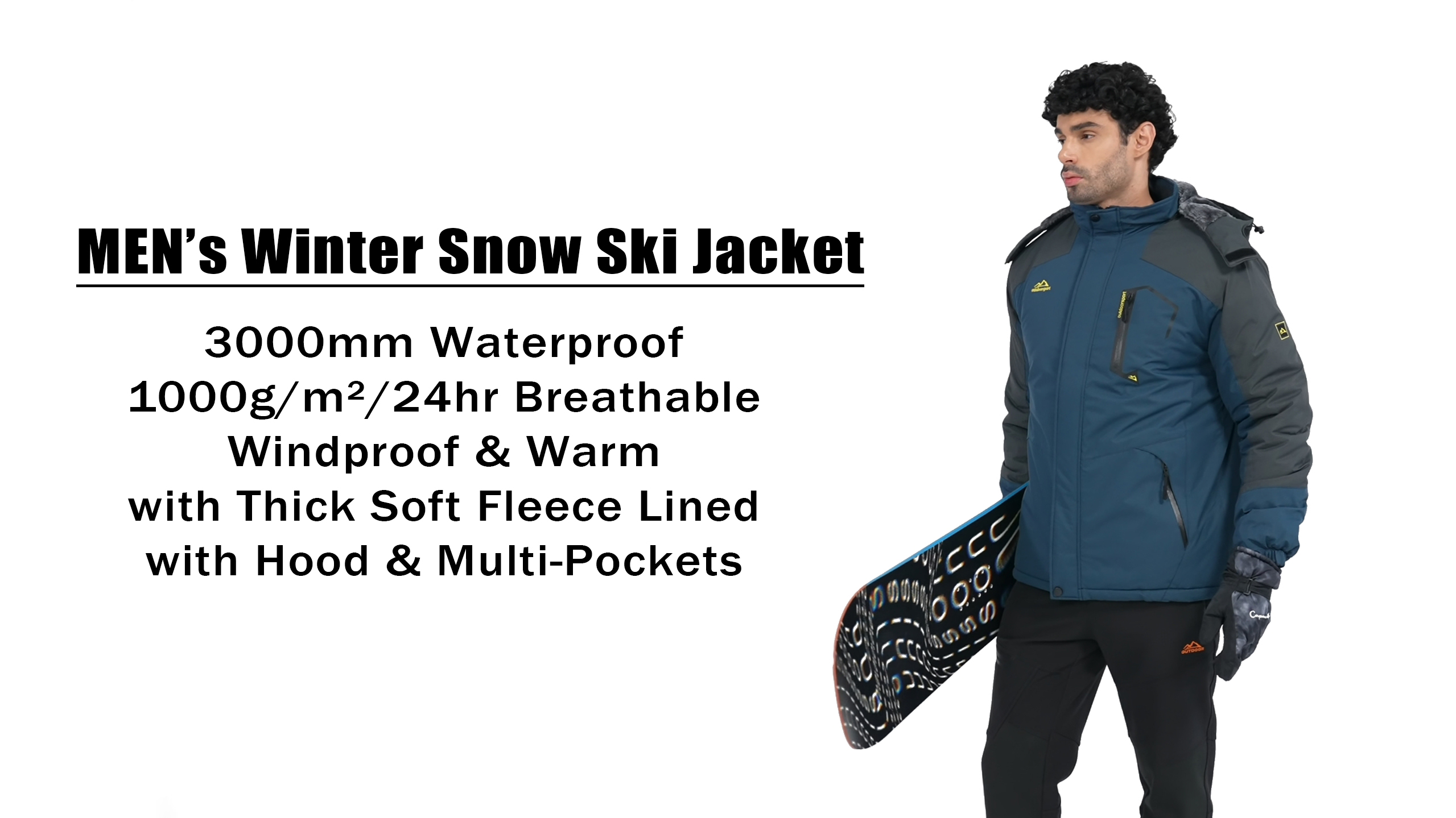 thumbnail video image 2 of TACVASEN Men's Winter Waterproof Ski Jackets with Hooded Windproof Fleece Warm Snow Coat with Multi-Pockets For Hiking and Snowboarding ,Denim Blue,M, 2 of 7