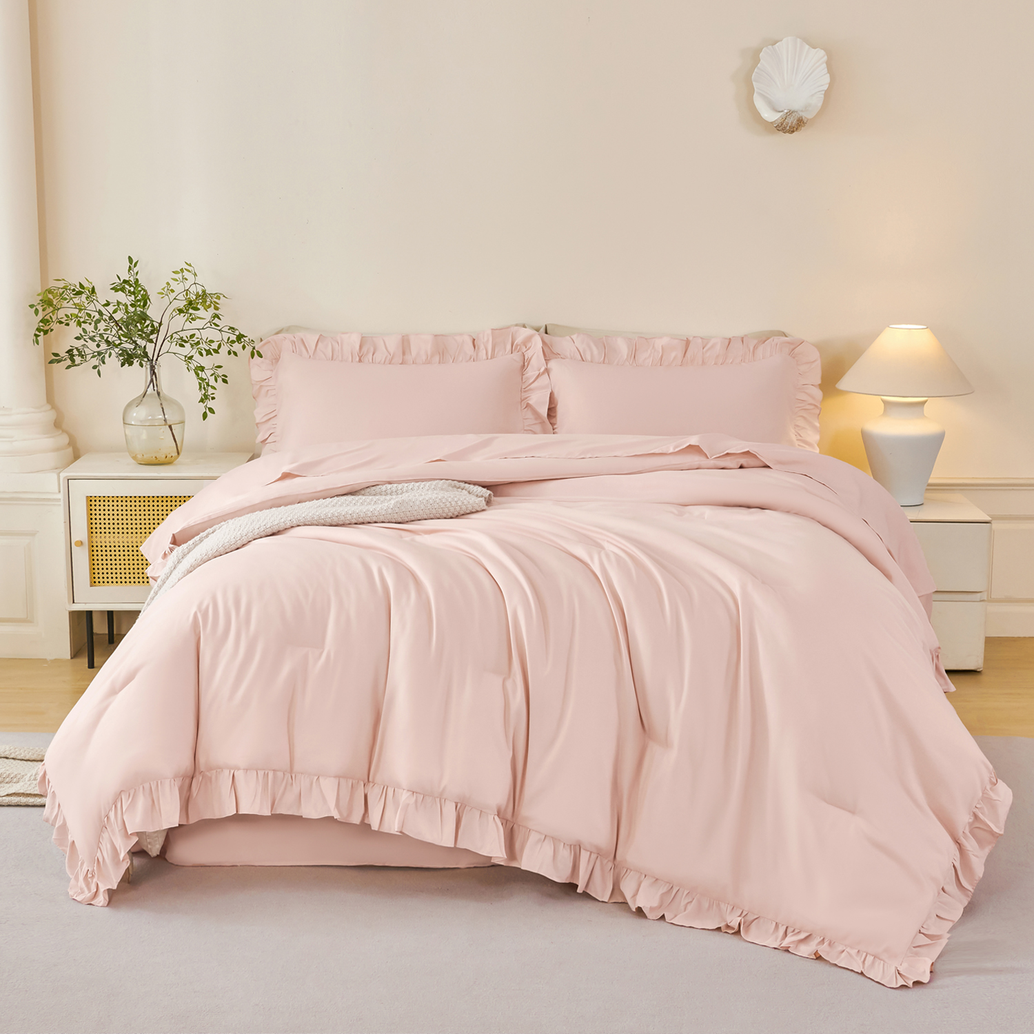 thumbnail video image 2 of URBONUR 5Pcs Blush Pink King Bed in a Bag Ruffle Comforter Sets for Women Soft Lightweight Bedding Comforter Set Farmhouse Bed Sets for All Season(Blush Pink King), 2 of 10