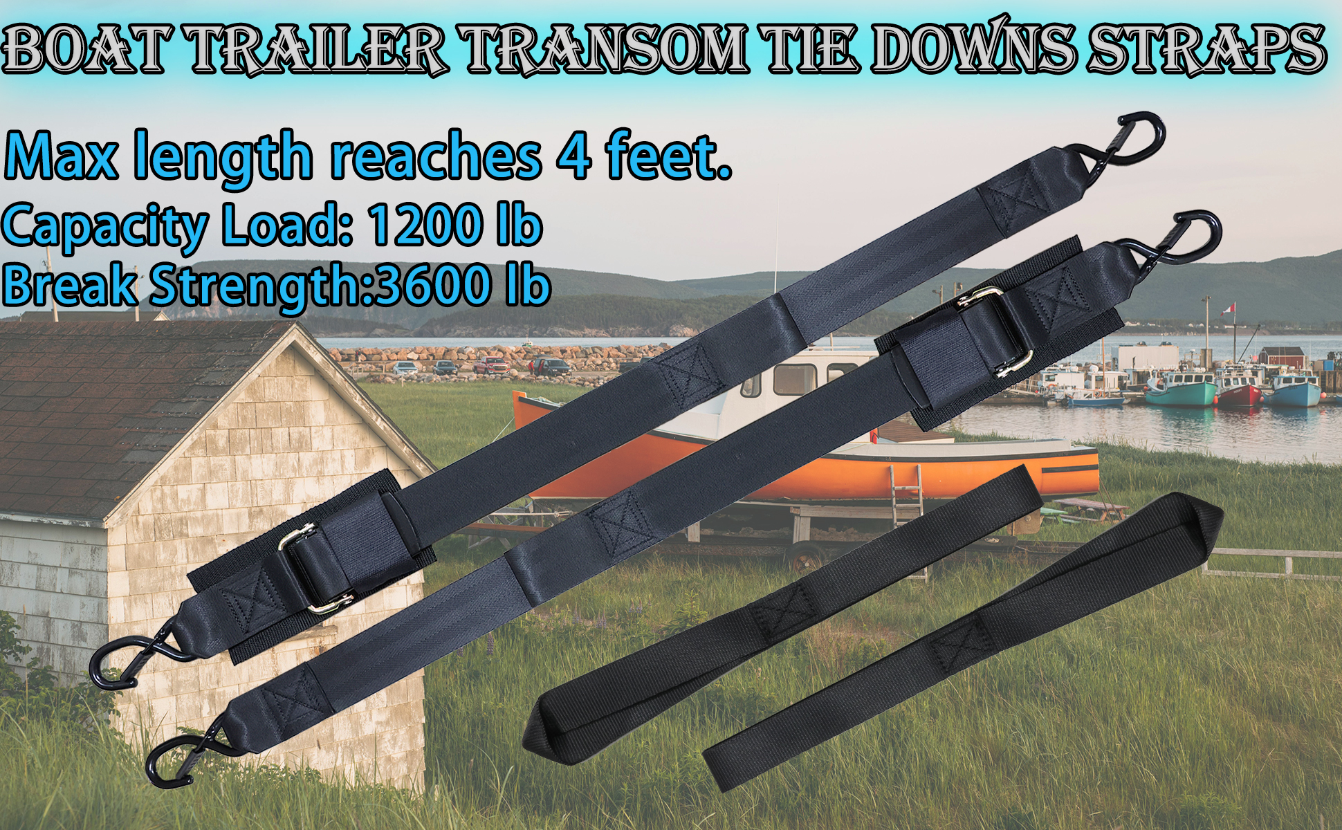 thumbnail video image 2 of Boat Trailer Straps Transom Tie Down Straps with Latching Hooks and Soft Loop Accessories, Adjustable Safety Straps with Convenient Quick Release Buckle to Secure Transport Boat Pontoon, Jet Ski, PWC, 2 of 8