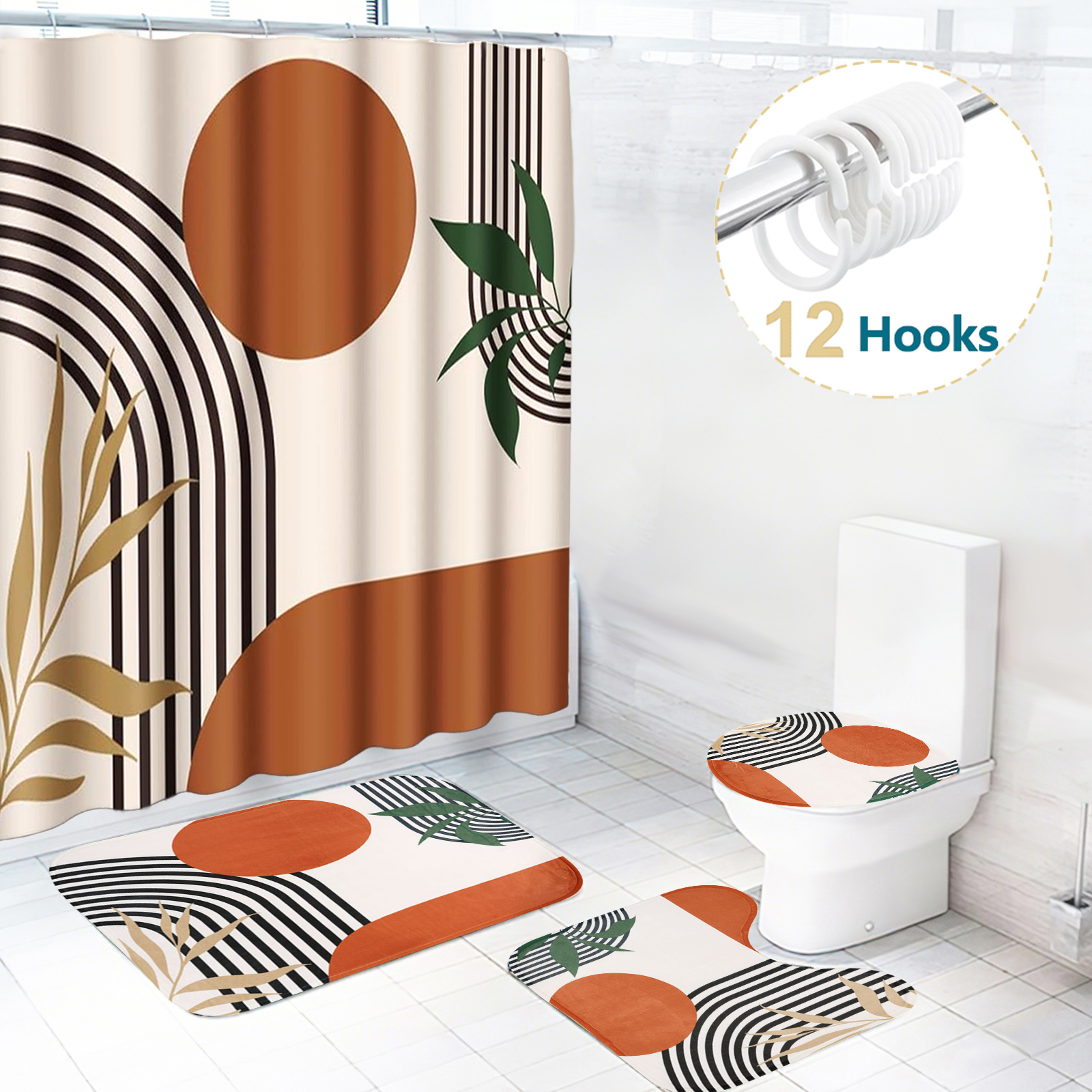 thumbnail video image 2 of Dznils Abstract Boho Fabric Shower Curtain and Rug Set, 16pc Modern Bathroom Sets, Camel, 72" x 72", 2 of 9