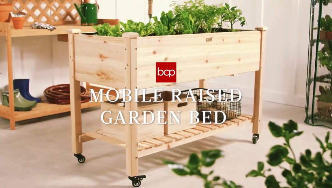 thumbnail video image 2 of Best Choice Products Raised Garden Bed 48x24x32in Mobile Elevated Planter w/ Wheel Locks, Shelf, Liner - Natural, 2 of 8