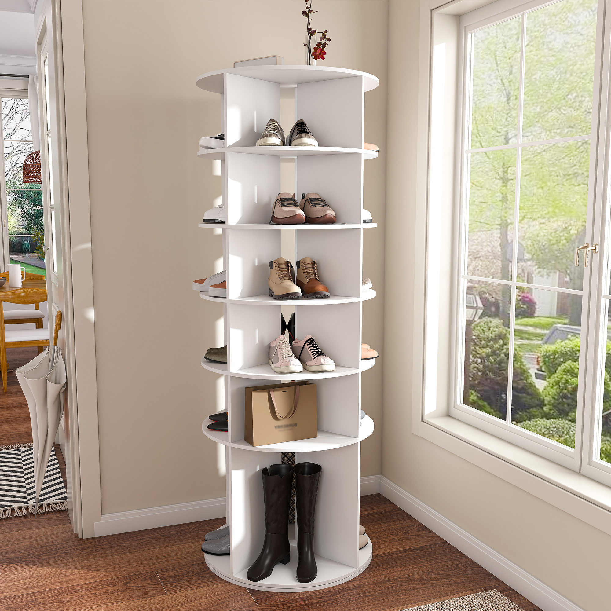 thumbnail video image 2 of Montary Company 6-Tier Rotating Shoe Rack Tower, 360° Revolving Organizer, High Bottom Design, Fits 24 Pairs, White, 2 of 11