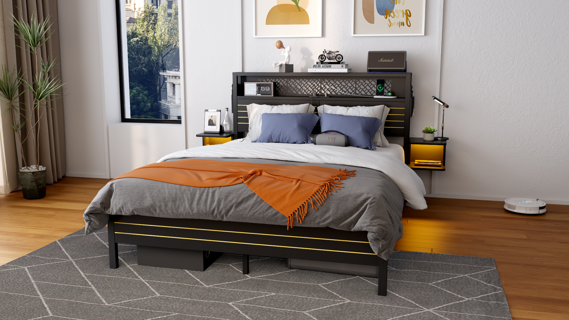 thumbnail video image 2 of Bestier Full Size Metal Platform Bed Frame with Storage Headboard Charging Station & 2 Nightstands LED Lights, Black, 2 of 10