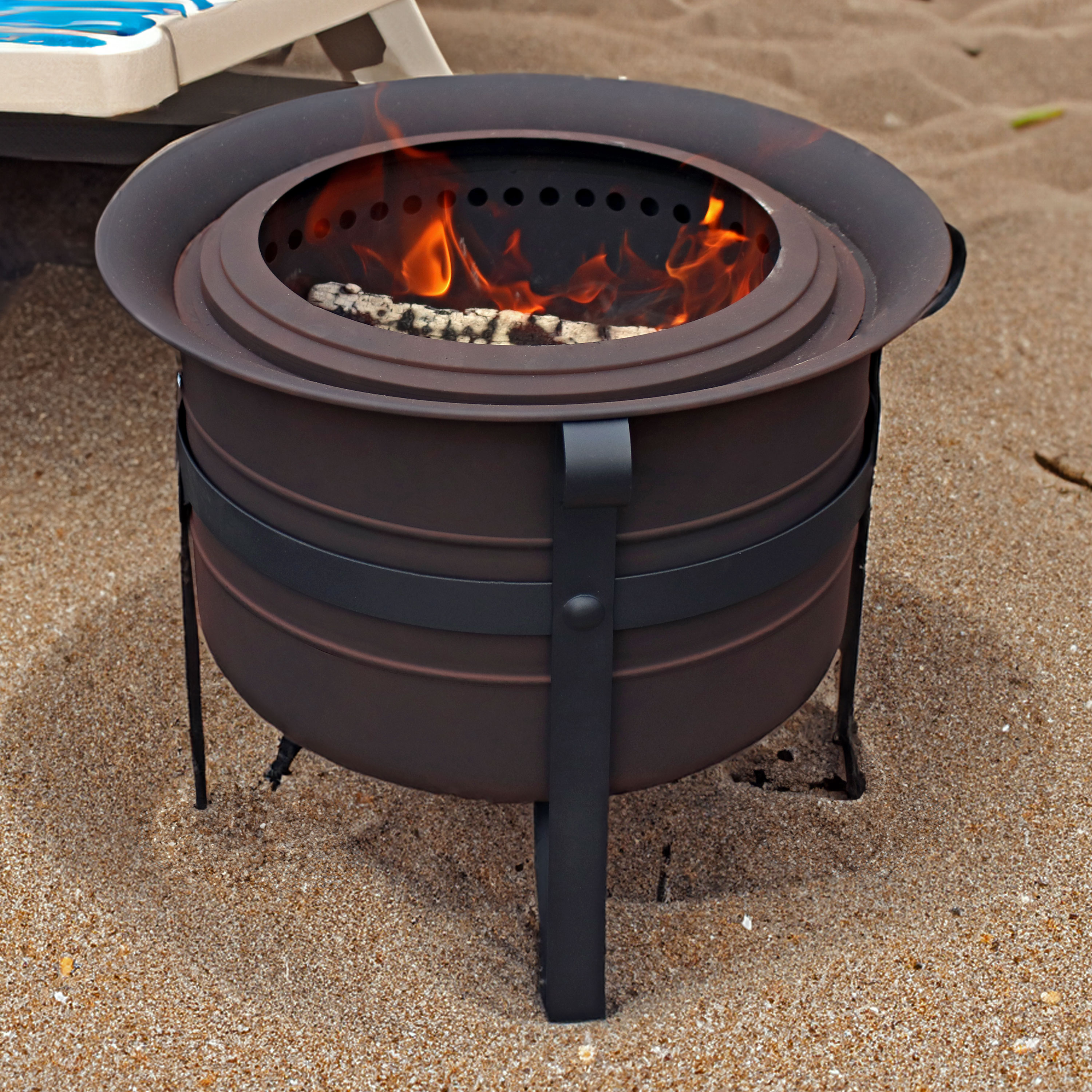 thumbnail video image 2 of Sunnydaze 23" Round Wood-Burning Bronze Finish Steel Cauldron-Style Smokeless Fire Pit, 2 of 6