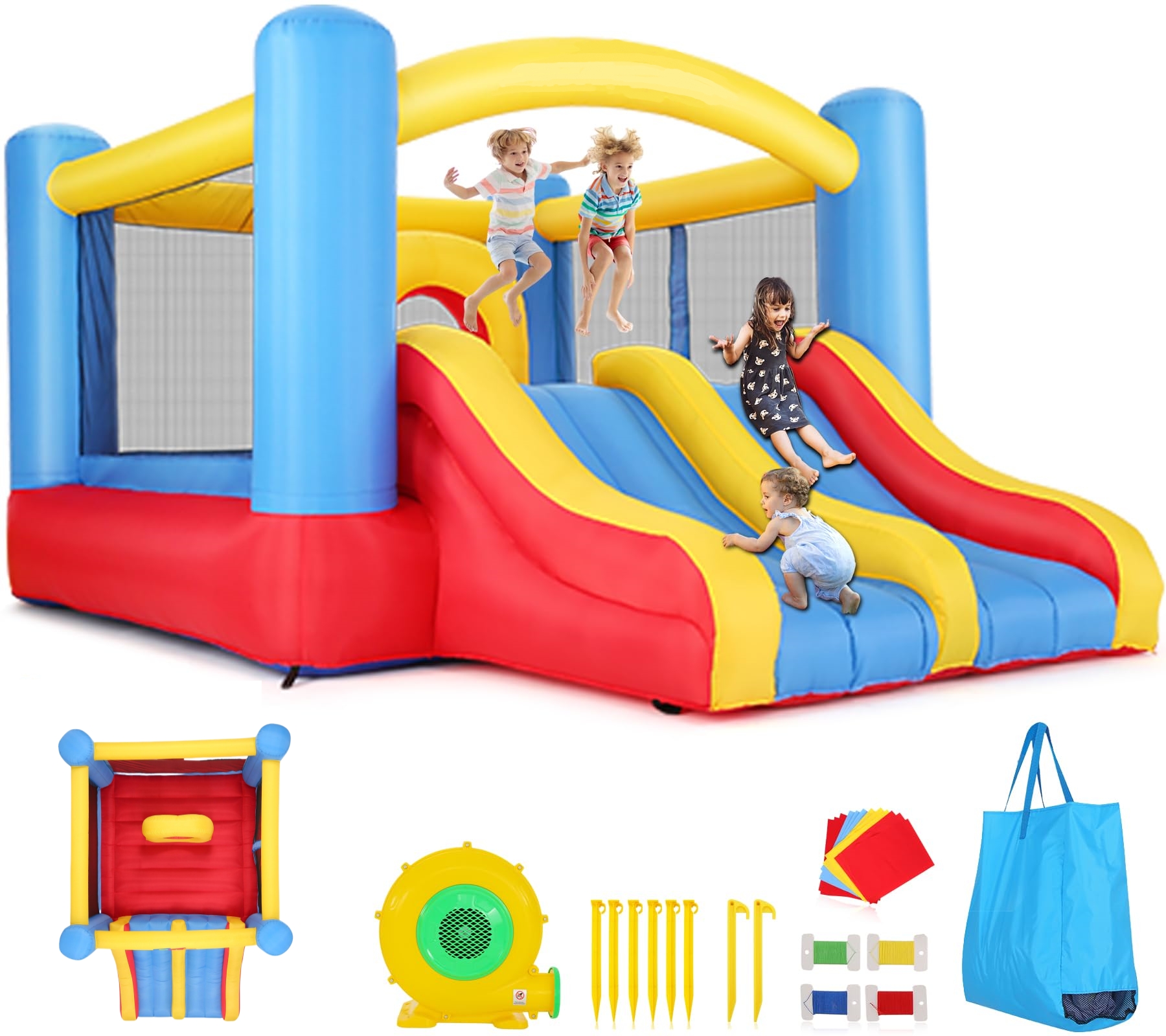 thumbnail video image 2 of Adnoom Bounce House with Double Slides, Large Bounce House and Obstacle Course, Kid Bounce Castle with 370W Blower, Inflatable Bounce House for 3~4 Kids, Indoor & Outdoor, 2 of 9