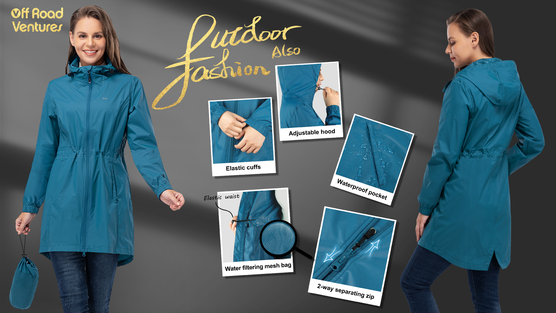 thumbnail video image 2 of Off Road Ventures Womens Waterproof Rain Jacket Lightweight Packable Windbreaker Long Raincoat With Hood, 2 of 8