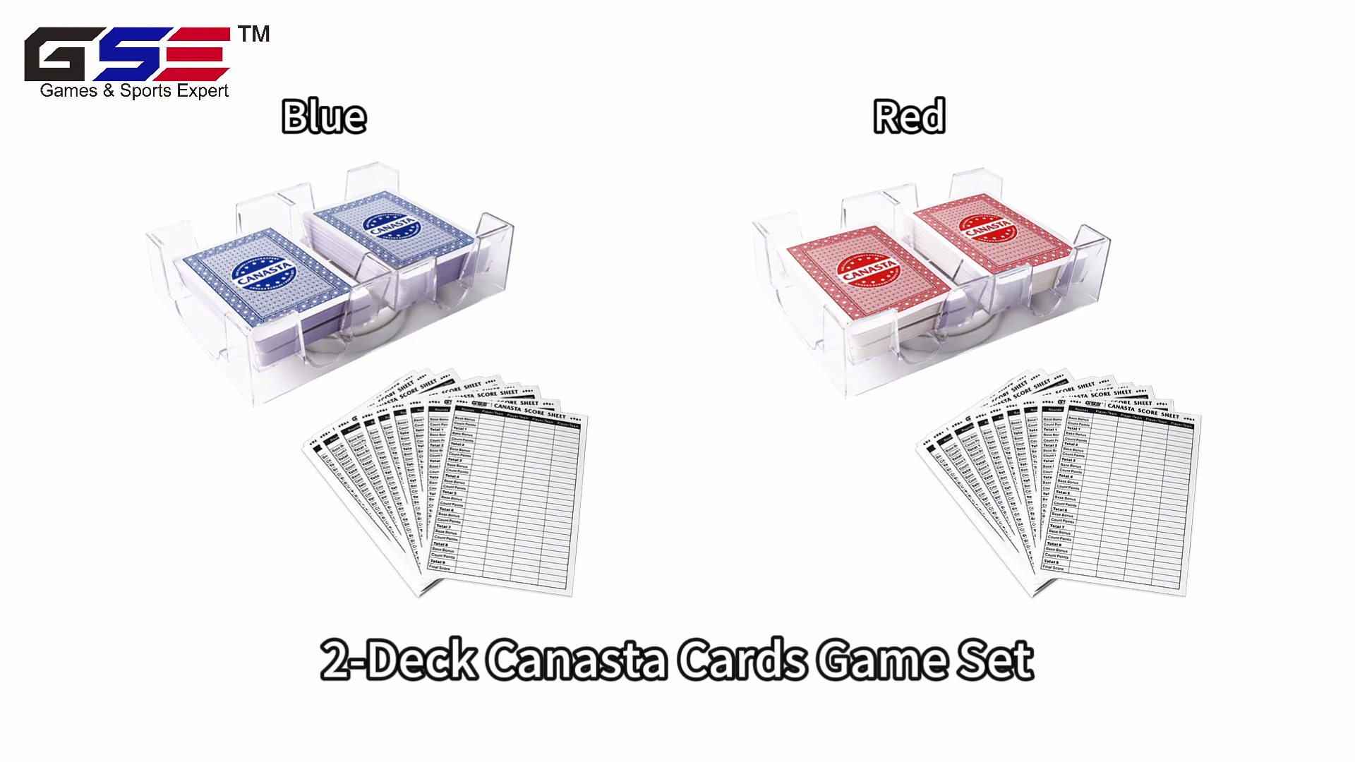 thumbnail video image 2 of GSE Games & Sports Expert Canasta Playing Cards Game Set, Includes 2 Deck of Blue Canasta Cards, a Revolving Playing Card Tray Holder and 50 Sheet Canasta Score Pad, 2 of 8