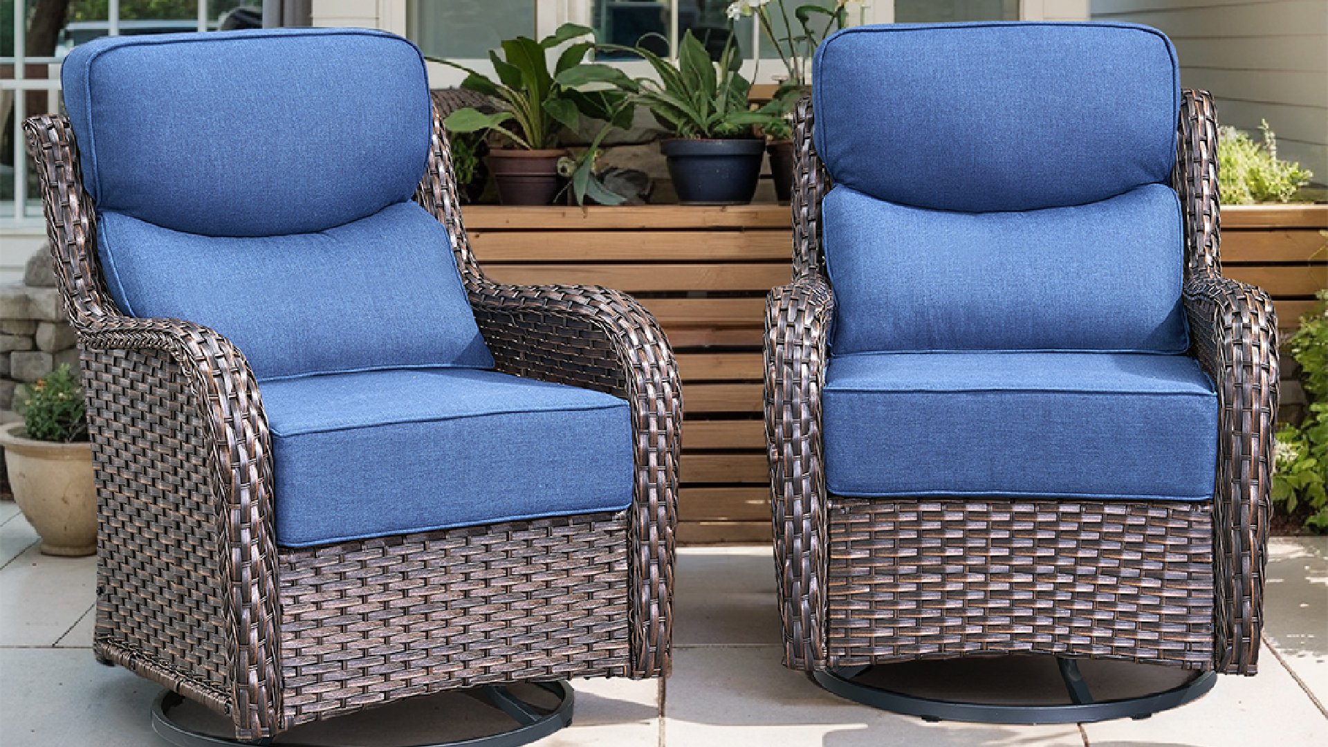 thumbnail video image 2 of OPOHORO High Back Outdoor Swivel Patio Chairs Set of 2, 6-Inch Thick Cushions Outdoor Brown Wicker Swivel Glider Rocking Chairs for Porch Deck - Beige, 2 of 11