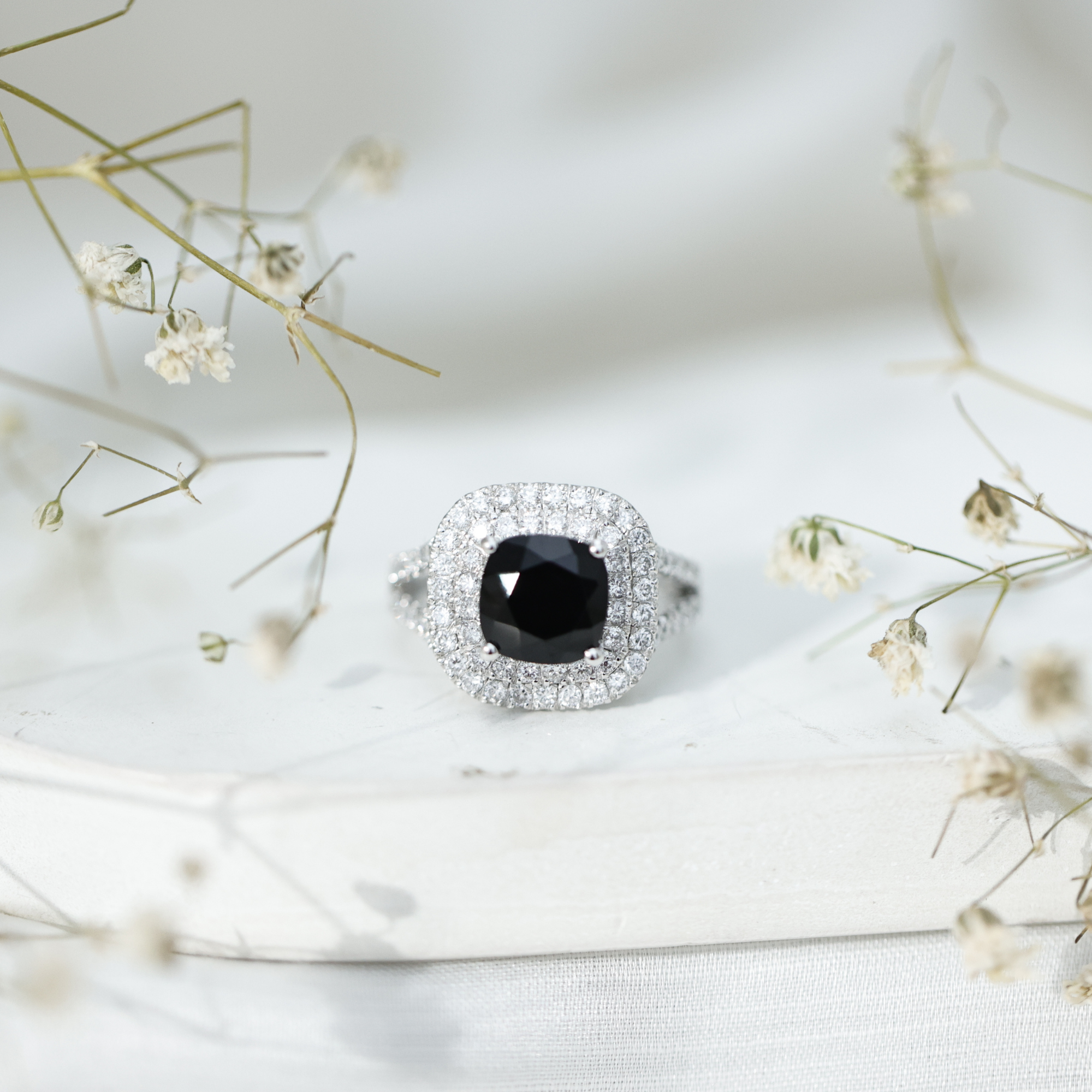 thumbnail video image 2 of Rosec Jewels 2 Carat Black Onyx and Diamond Engagement Ring in Silver - AAA Quality Onyx Double Halo Ring - Gift For Special Person, US 6.00, 2 of 9