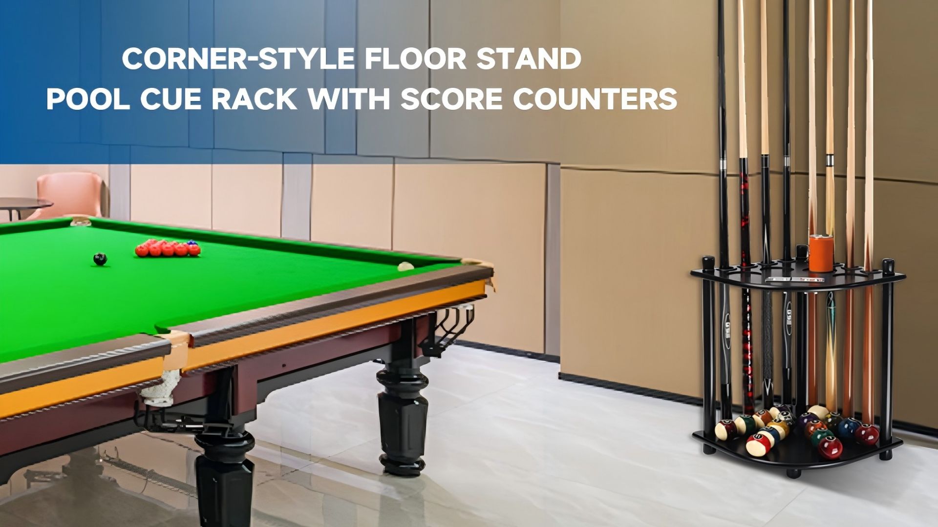 thumbnail video image 2 of GSE Games & Sports Expert Corner-Style Floor Stand Billiard Pool Cue Racks with Score Counters. Holds 8 Pool Cue Sticks, 2 Pool Ball Racks, 16 Pool Balls - Mahogany, 2 of 8