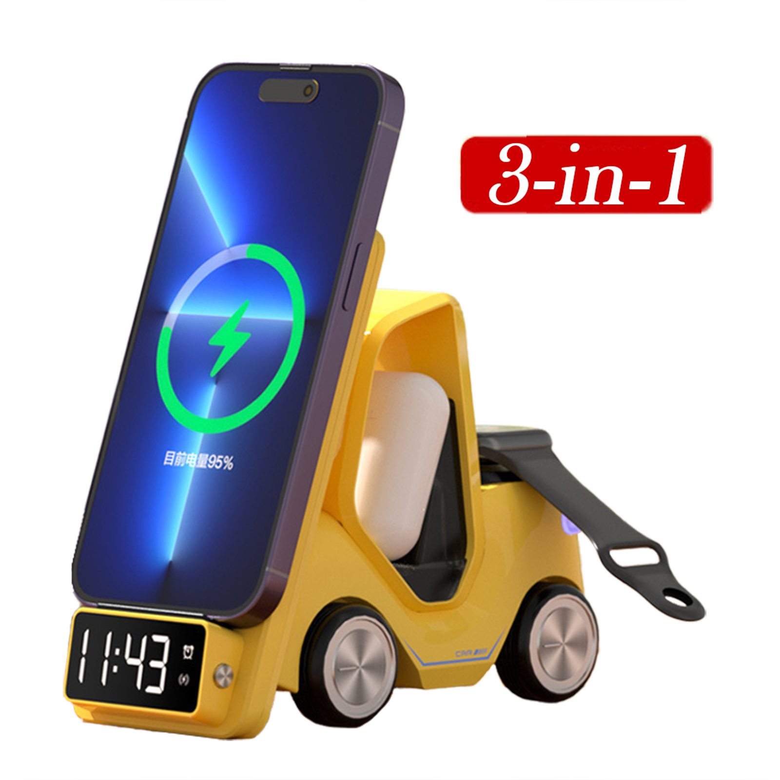 thumbnail video image 2 of 4 in 1 Wireless Charging Station Alarm Clock, Charging Dock for Apple Devices, Charger Stand for iPhone 16 15 14 13 12 11 Pro Max for Apple Watch & AirPods, 2 of 15