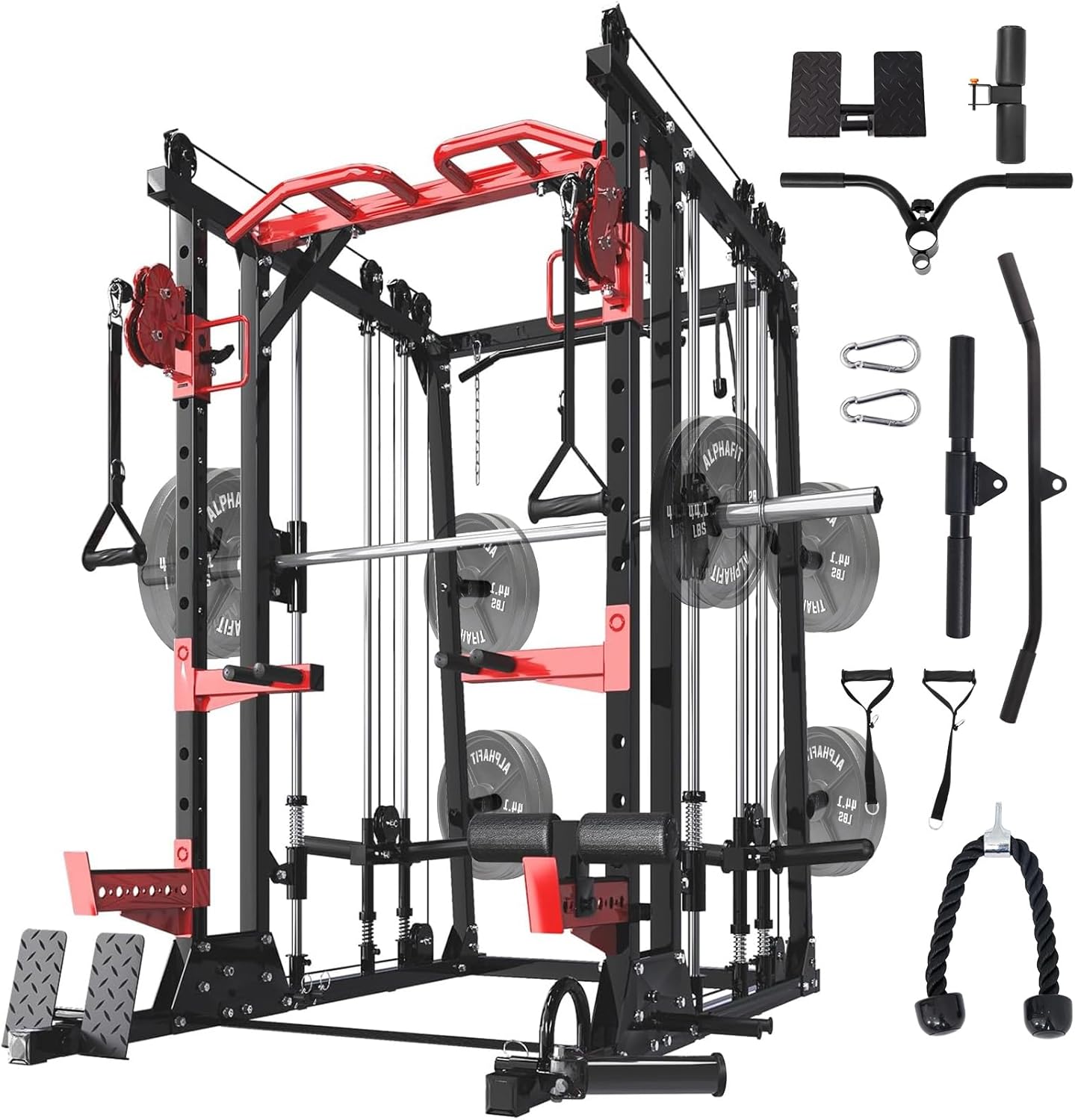 thumbnail video image 2 of Hlivelood Smith Machine Home Gym, 2000LBS Multi-Function Power Cage Rack with LAT-Pull Down System and Cable Crossover Machine, 2 of 10