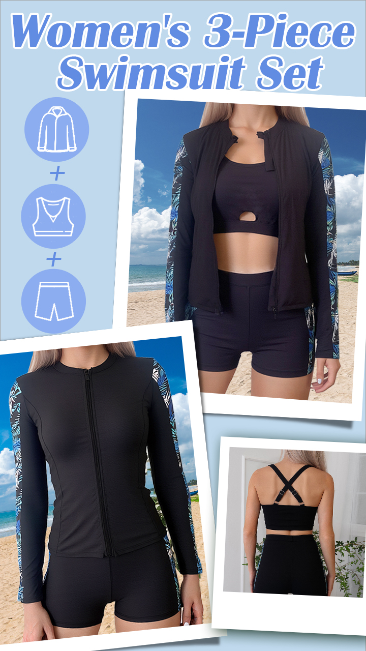 thumbnail video image 2 of FEOYA Women’s 3 Piece Rash Guard Swimsuits Zip-Up Long Sleeve Swimwear with Built-in Bra Bathing Suit Surfing Sun Protection Boyshorts Quick Dry Swim Shirt 2XL, 2 of 7