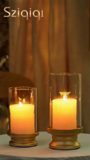 thumbnail video image 2 of Sziqiqi Gold Hurricane Candle Holder: Set of 2 Candle Holders for Pillar Candles with Clear Glass Sleeve - Decorative Metal Pillars Stands for Wedding Party Christmas Holiday Dining Table Centerpiece, 2 of 7