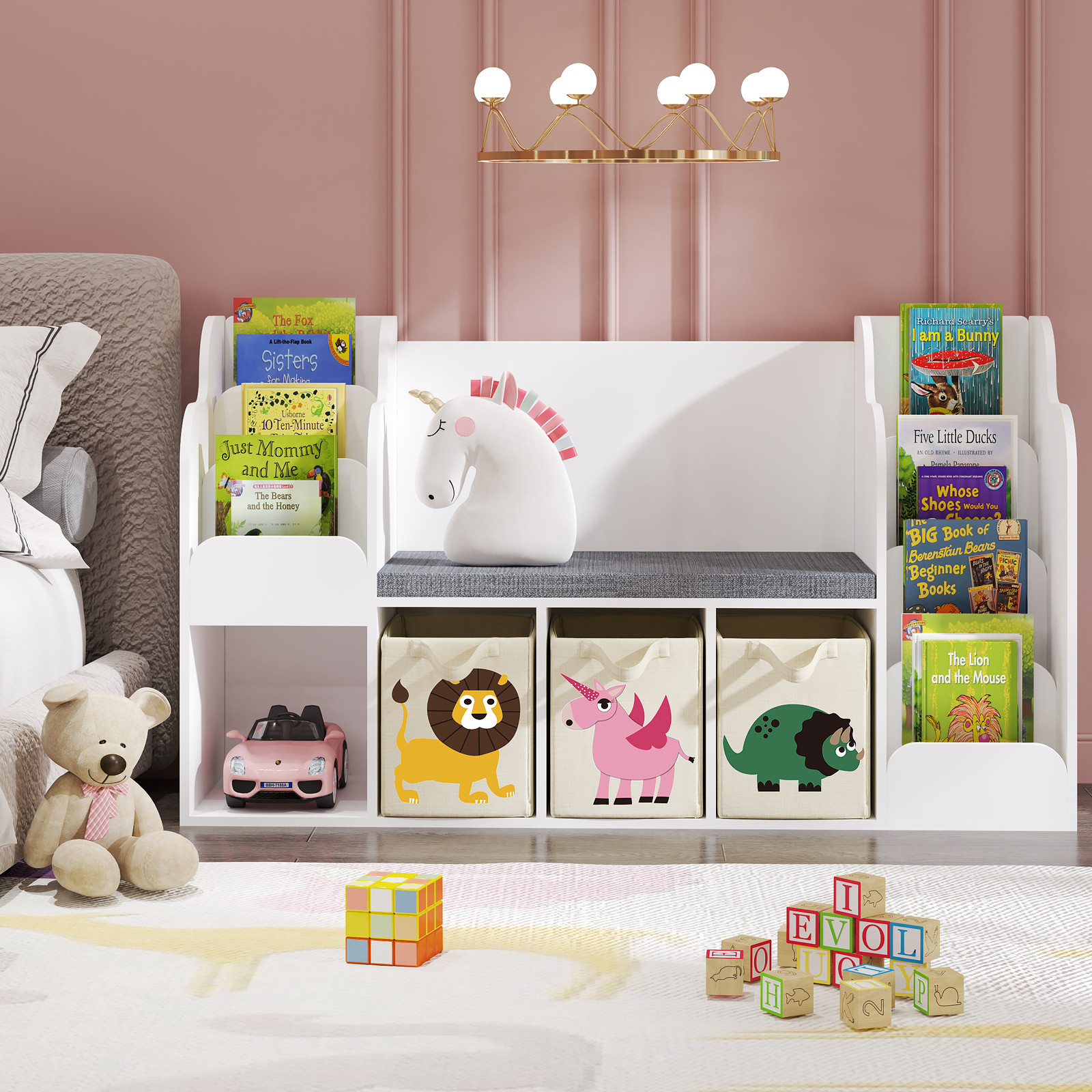 thumbnail video image 2 of JOINICE Kids Bookshelf with Reading Nook,Abundant Storage Space,Modern Style and Built to Last,Kids Toy Storage, for Children,Suitable for Playroom,Bedroom and Living Room, 2 of 8