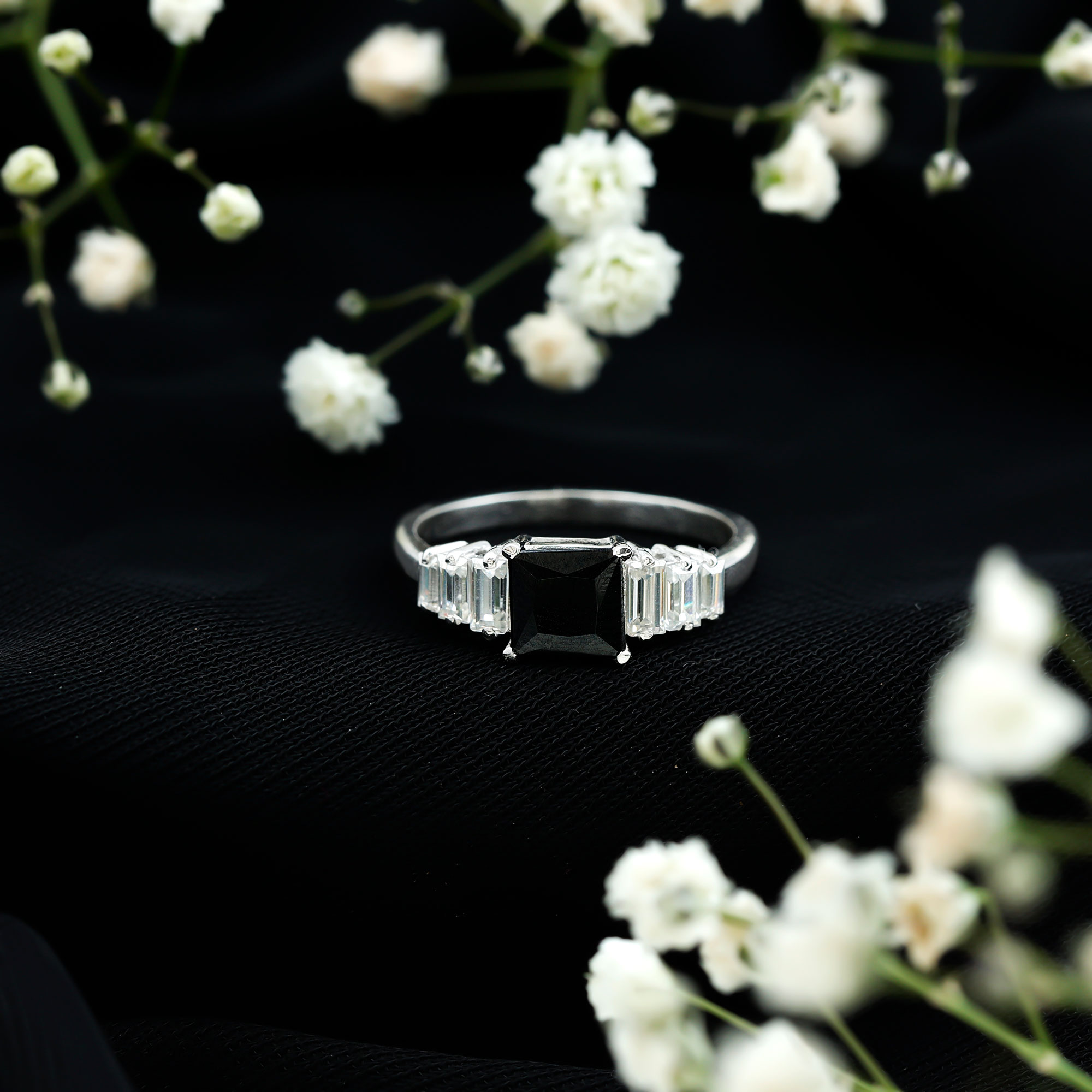 thumbnail video image 2 of Rosec Jewels Asscher Cut Black Onyx Ring with Moissanite for Women - 6 mm - AAA Grade, 925 Sterling Silver, US 4.00, 2 of 8