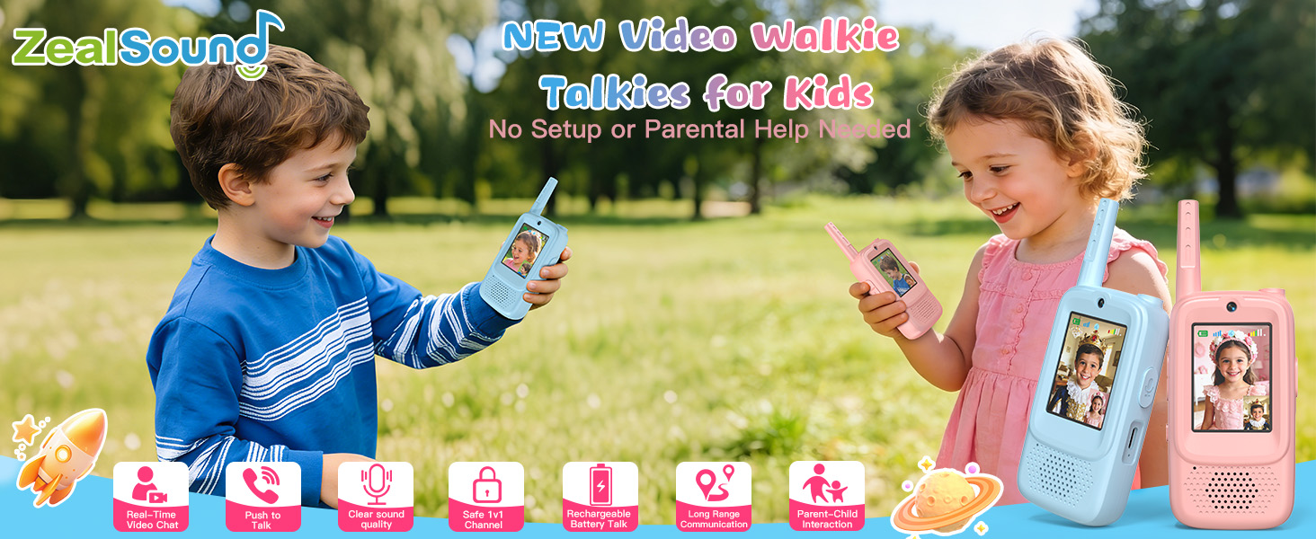 thumbnail video image 2 of ZealSound Video Walkie Talkies for Age 3-12 Boys Girls, 2 Pack Walkie Talkies with Screen, Voice Effects, Indoor Outdoor Toys for Family Games, Camping, Hiking, Christmas Birthday Gifts (Blue/Pink), 2 of 10
