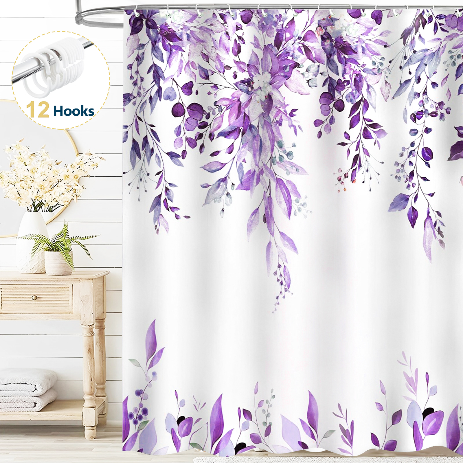 thumbnail video image 2 of Dznils Purple Eucalyptus Fabric Shower Curtain, Watercolor Floral Pattern with Hooks, 72" x 72", 2 of 10