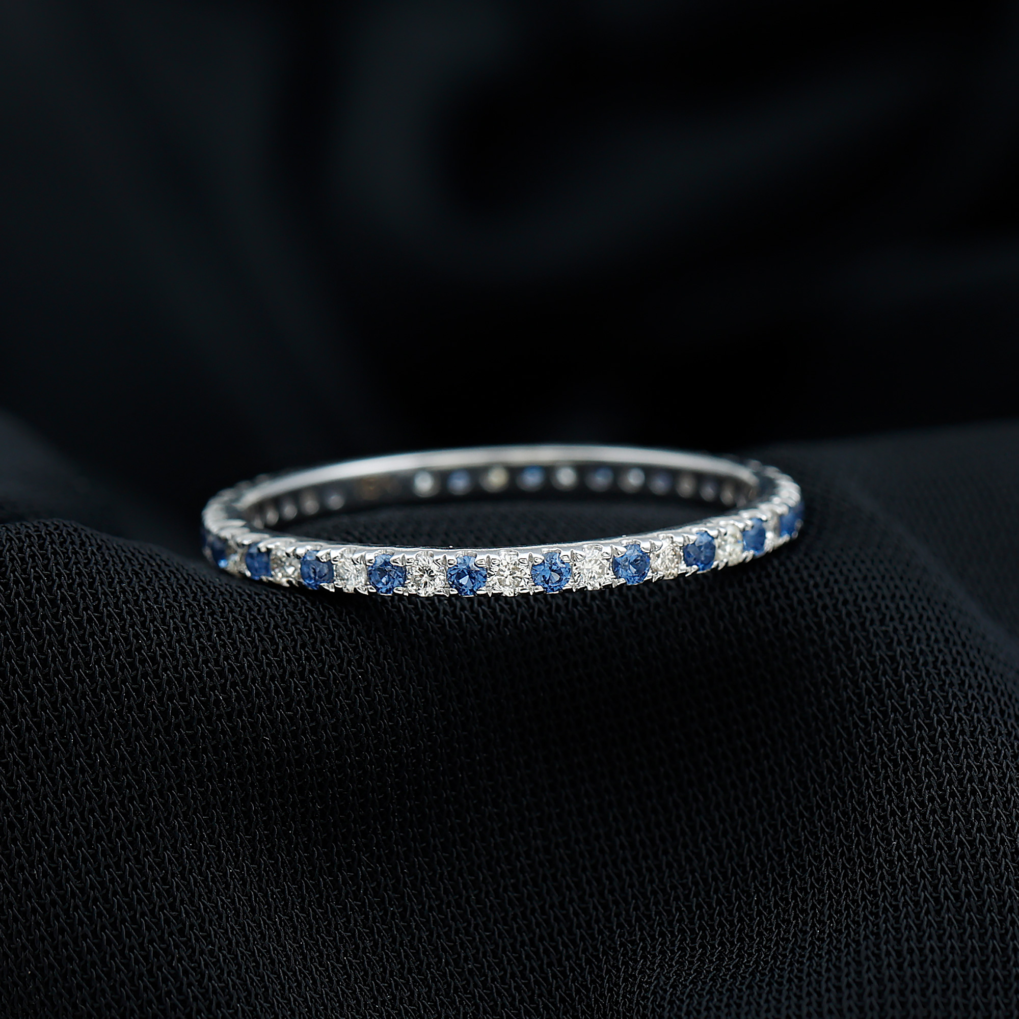 thumbnail video image 2 of Rosec Jewels Lab Created Blue Sapphire Eternity Ring with Diamond for Women (3/4 CT), 14K White Gold, US 6.00, 2 of 6