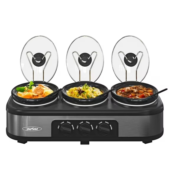 thumbnail video image 2 of Triple Slow Cooker with 3 Spoons, 3 Pot 1.5 Quart Oval Crock Food Warmer Buffet Server, Stainless Steel, 2 of 5