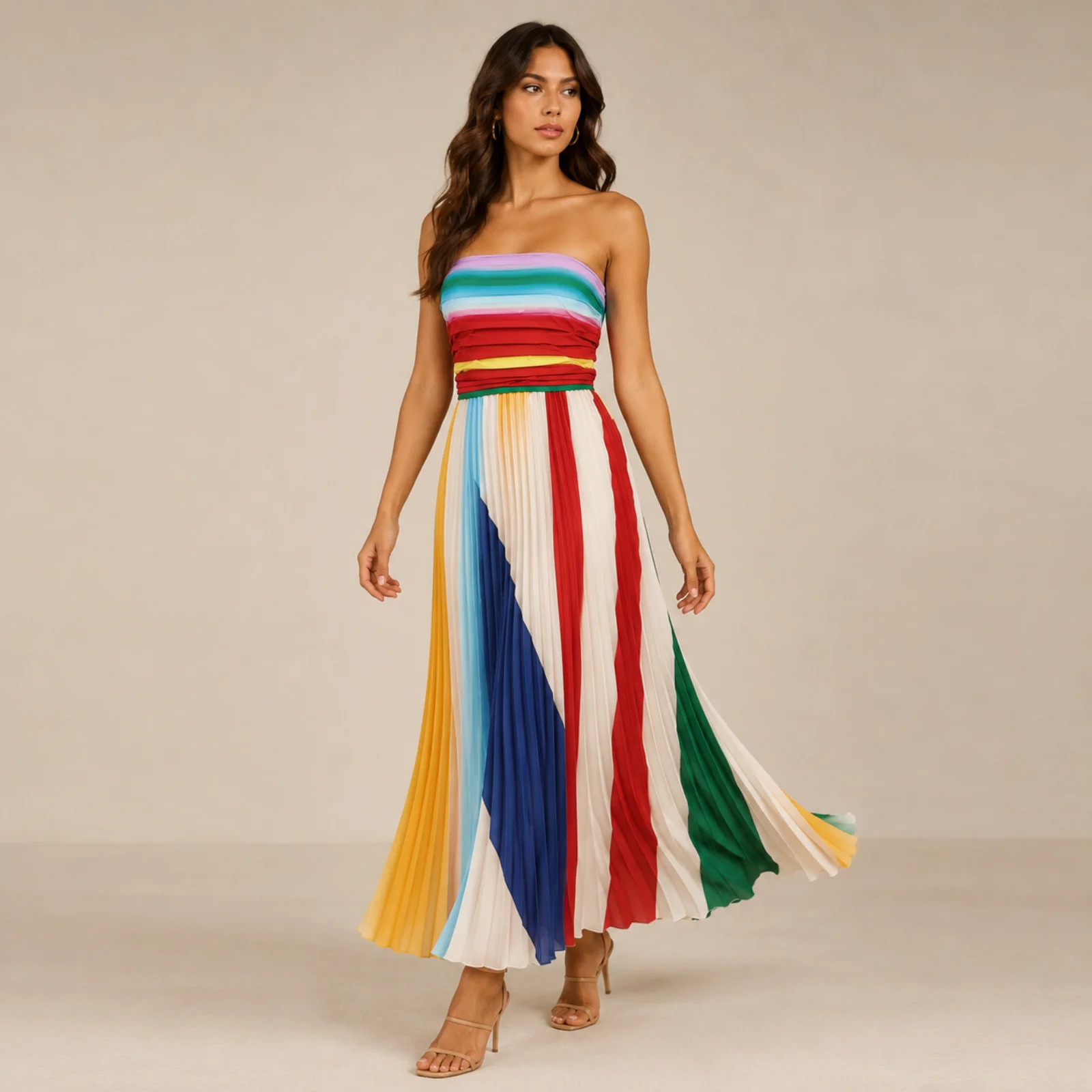 thumbnail video image 2 of Veyora Apparel Women’s Strapless Colorblock Pleated Maxi Dress, Rainbow Smocked Tube Top Summer Dress, 2 of 12