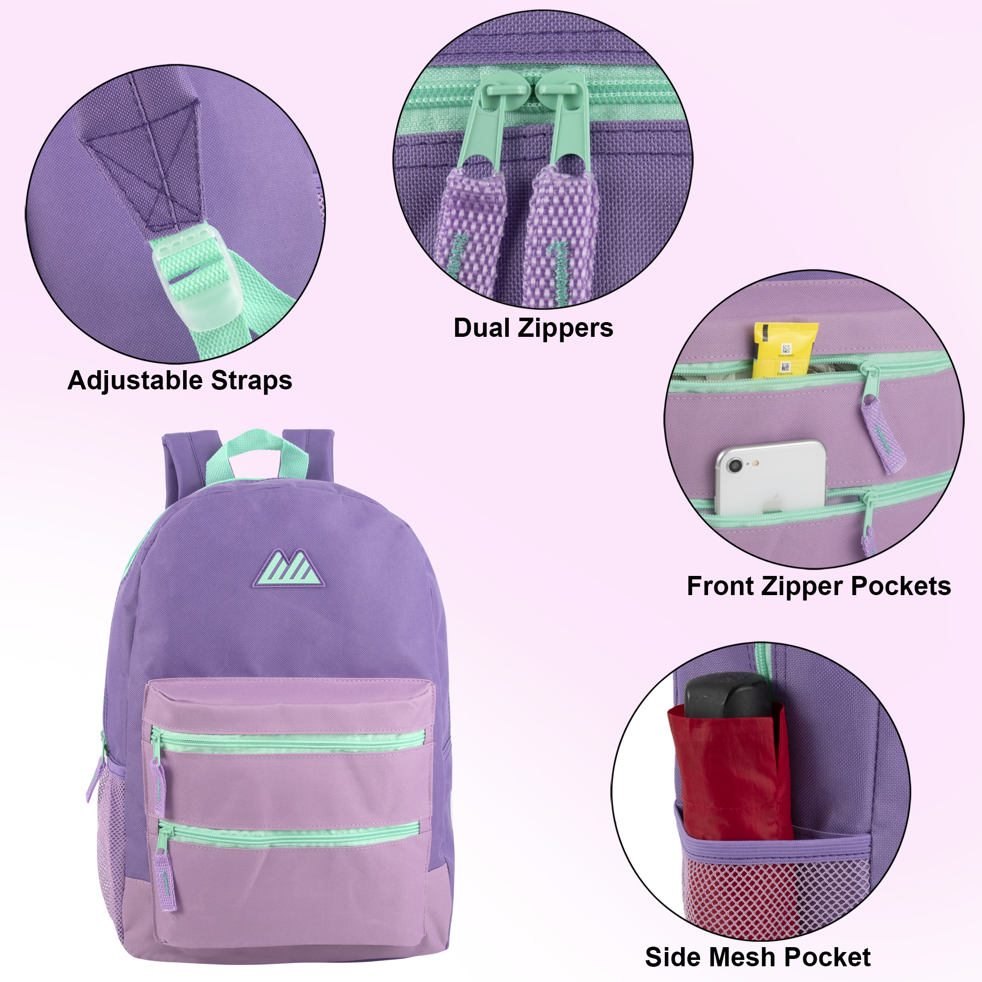 thumbnail video image 2 of 17 Inch Two Tone Color Multipocket Backpack with Pop Color Trim Accents and Zippers for Travel & Commuting in Aquamarine & Mint, 2 of 9