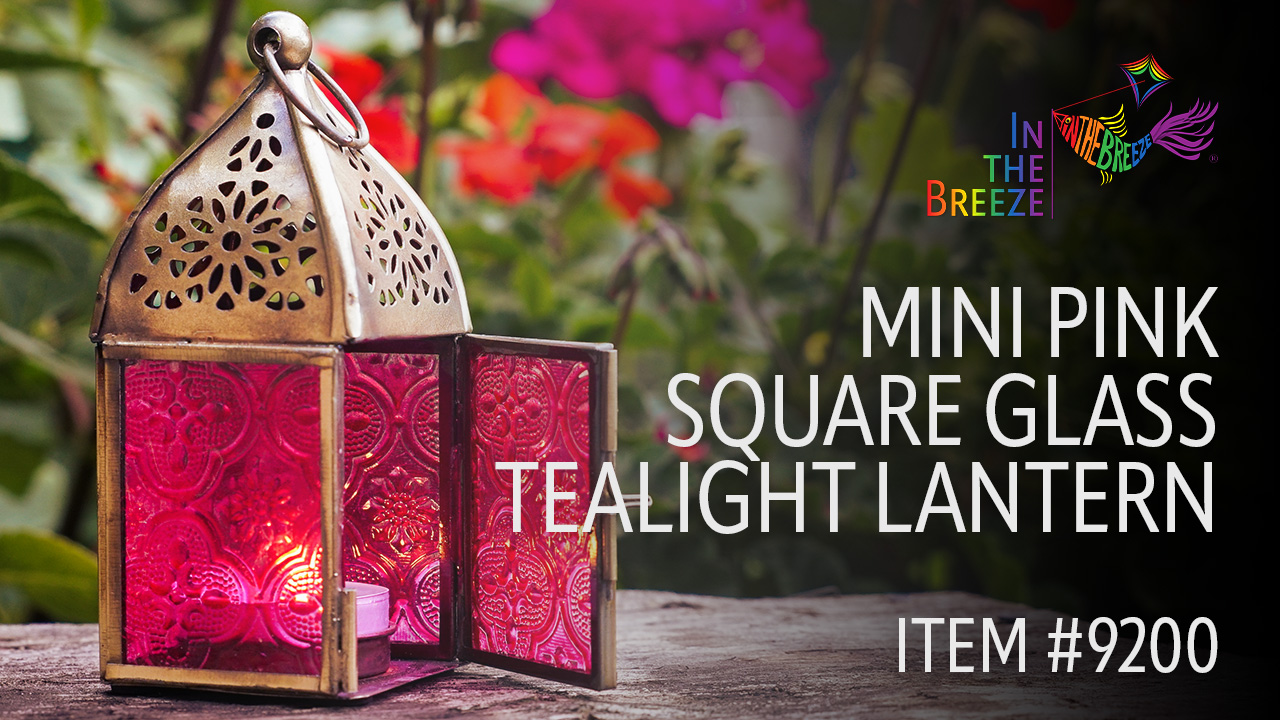 thumbnail video image 2 of In the Breeze 9200 — Pink Mini Square Tealight Lantern — Moroccan-Style Boho Chic Tealight Glass and Metal Tabletop Lantern, 2 of 6