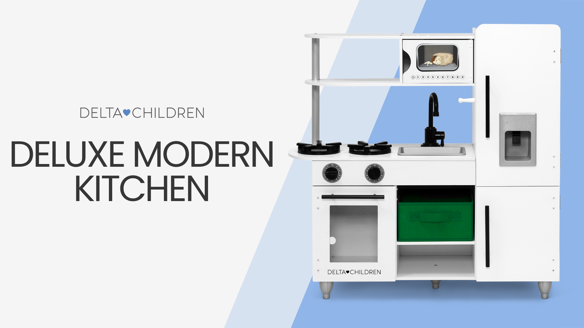 thumbnail video image 2 of Delta Children Deluxe Modern Kitchen - Wooden Toy Kitchen Playset with Realistic Knobs that Turn/Click, Oven, Sink and Fridge/Freezer with Ice Maker, White, 2 of 25