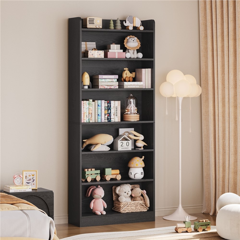 thumbnail video image 2 of Renwick Wooden 7 Layer Open Shelf Bookcase with Compartment, Black, 2 of 8