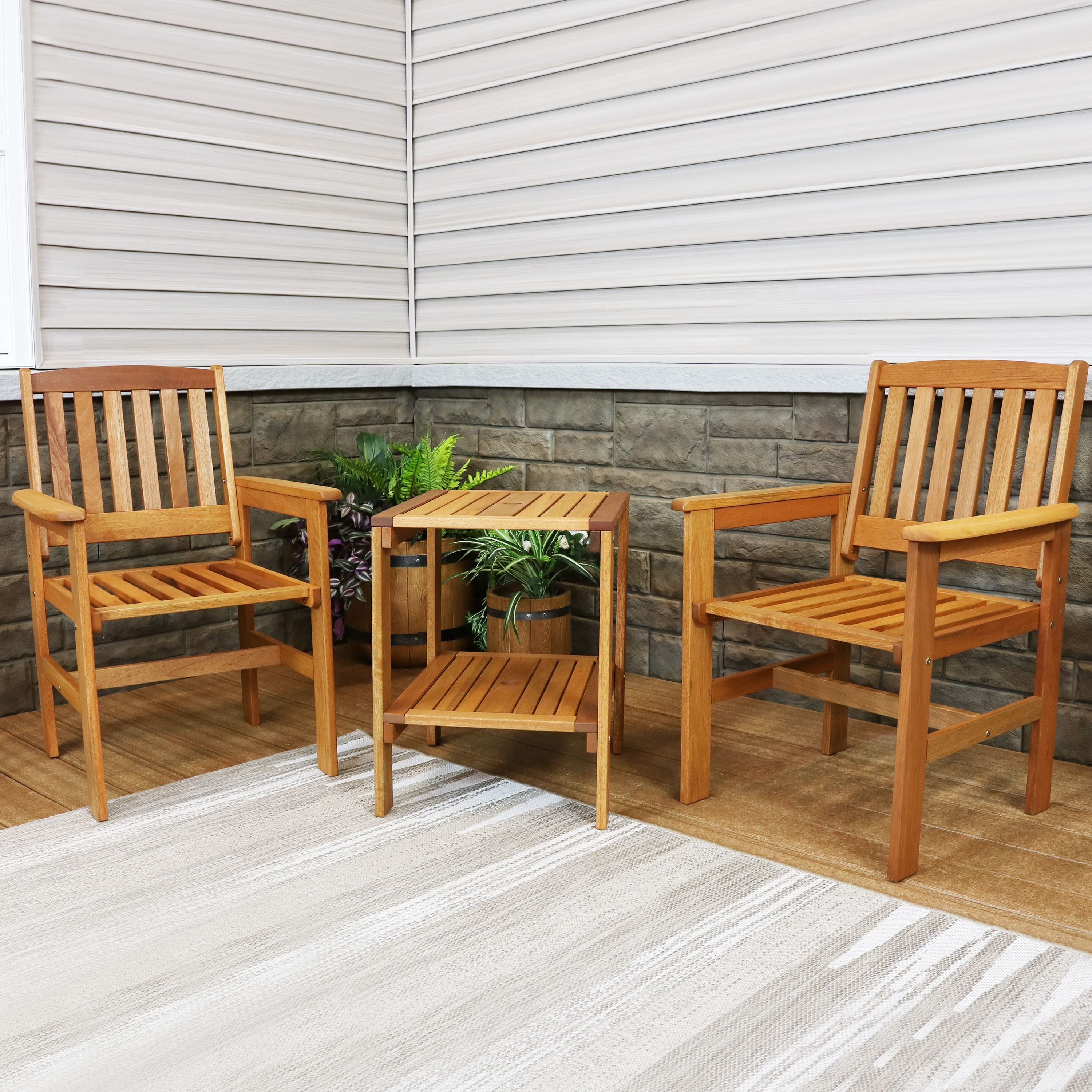 thumbnail video image 2 of Sunnydaze 3-Piece Meranti Wood Patio Conversation Set, 2 of 15