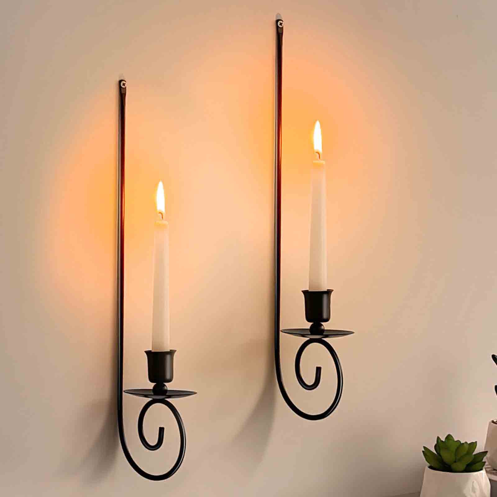 thumbnail video image 2 of Black Metal Candle Wall Sconces Set of Two, Single Armed Wall Candle Holders, Modern Hanging Candle Sconces for Living Room Dining Room Farm Cottage Fireplace Wedding Decor, 2 of 9