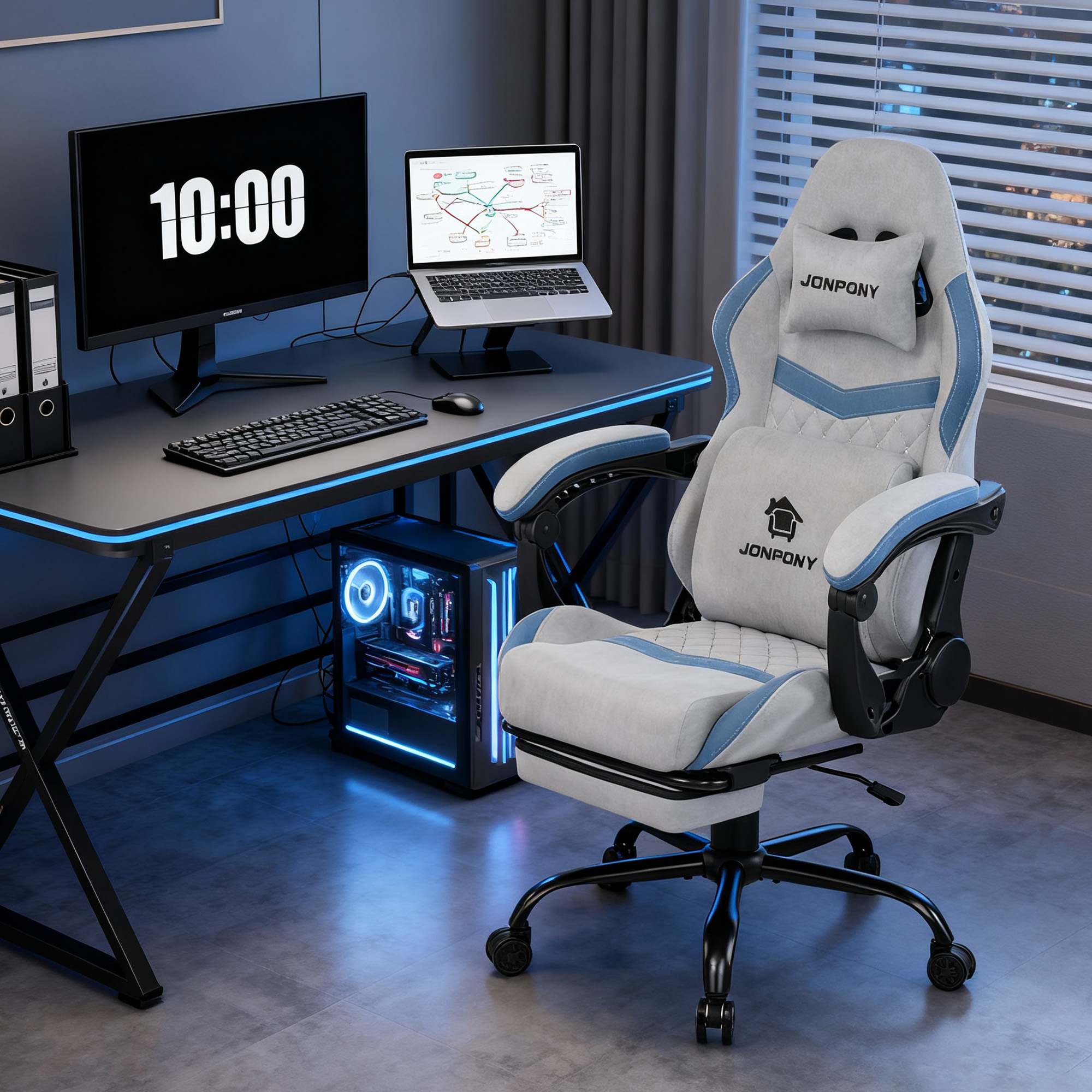 thumbnail video image 2 of JONPONY Big and Tall Gaming Chair, Computer Chair with Footrest and Massage Lumbar Support, Height Adjustable Game Chair with Headrest and Swivel Seat，GREY, 2 of 9