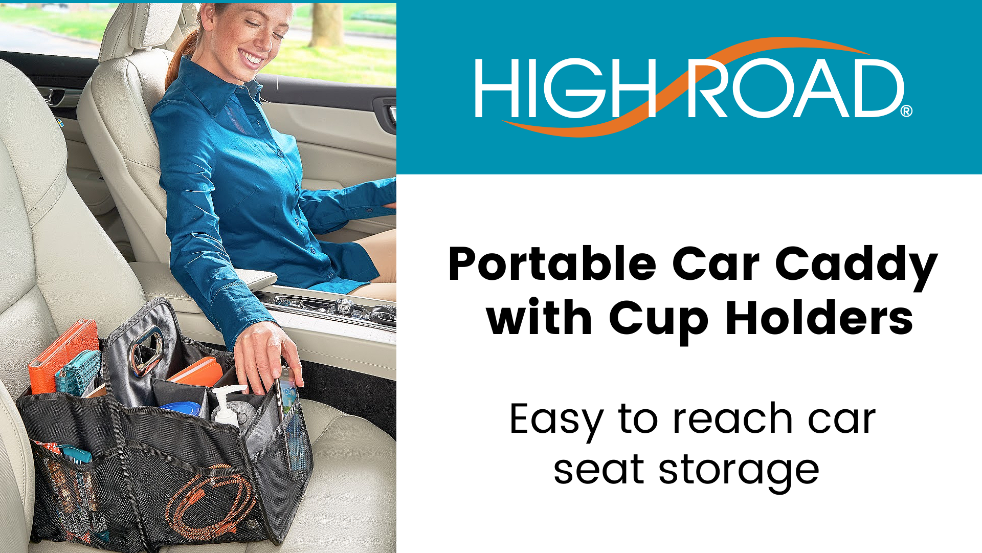 thumbnail video image 2 of High Road Car Seat Organizer for the Front Passenger or Back Seat with Cup Holder Dividers and Easy Carry Handle Black, 2 of 8