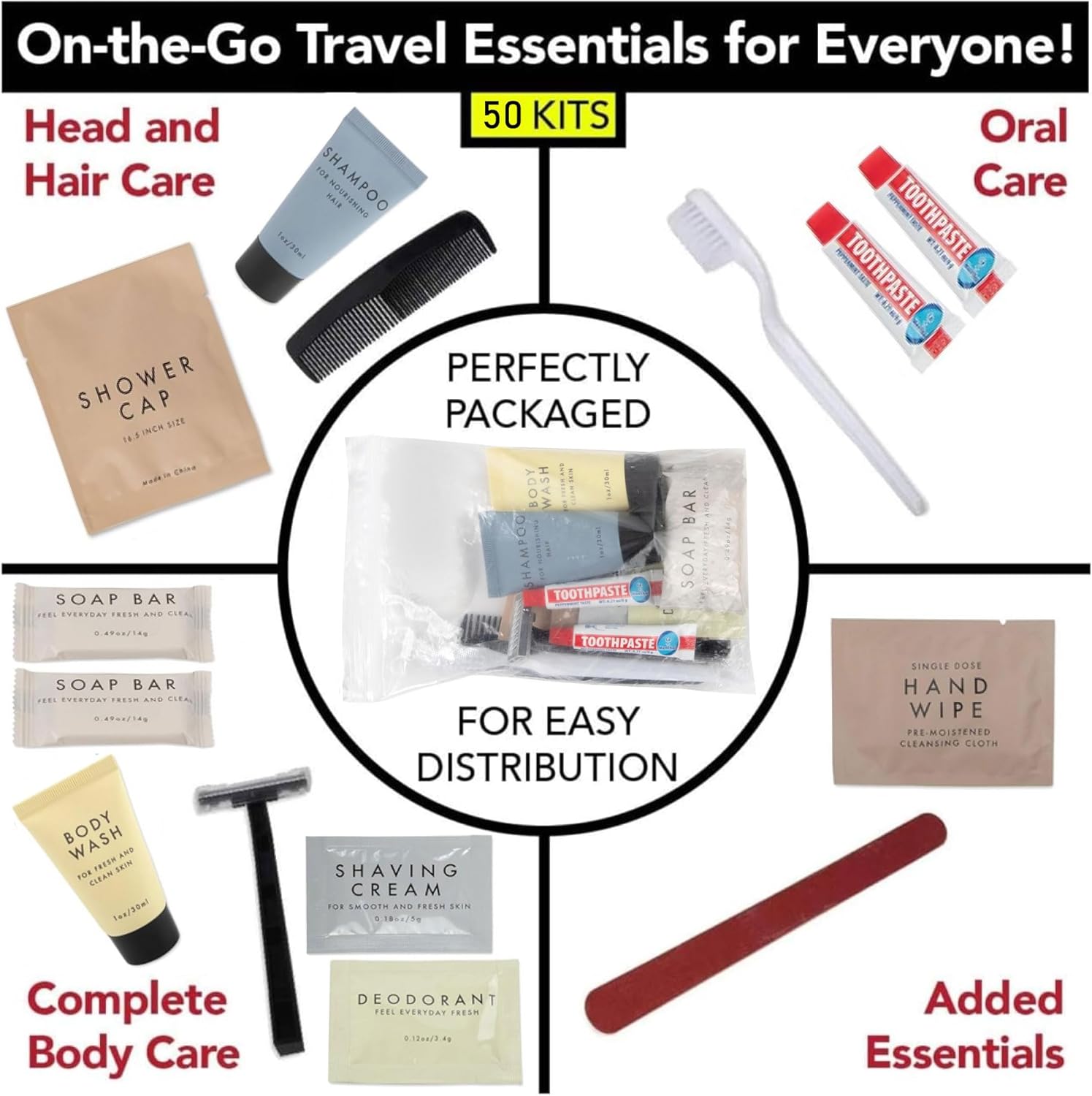 thumbnail video image 2 of 50 Pack of Bulk Wholesale 15 Piece Travel Size Hygiene Toiletry Kits Containing Shampoo, Body Wash, Deodorant, Bar Soap, Toothbrush, Toothpaste, Cleansing Wipe, Hair Comb, Shaving Cream & More!, 2 of 7