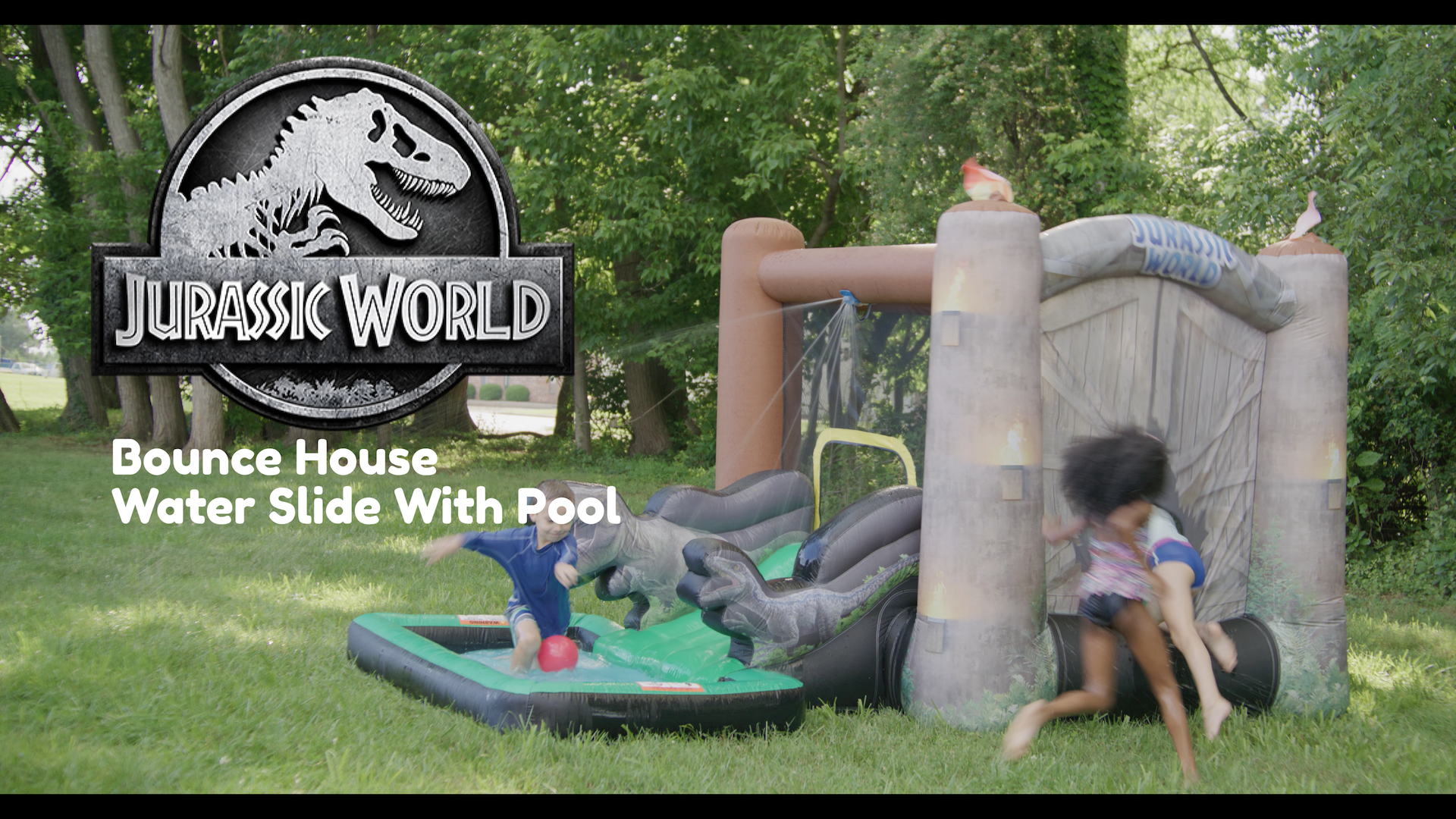 thumbnail video image 2 of Funormous Jurassic World Dinosaur Bounce House with Slide, Ball Pit & Pool – Indoor/Outdoor Inflatable Castle with GFCI Air Blower for Kids Ages 3–8, 2 of 6