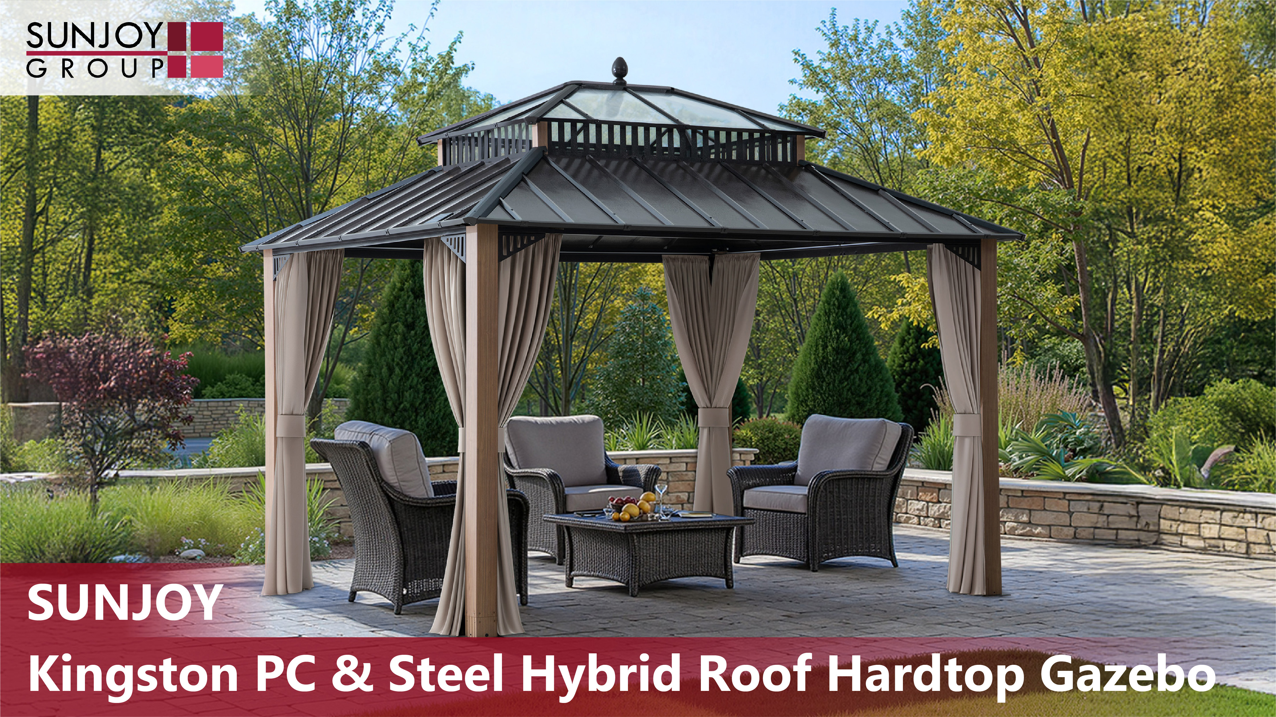 thumbnail video image 2 of Sunjoy 12x10 Outdoor PC Top Rectangular Gazebo Brown,,Kingston Series, 2 of 17